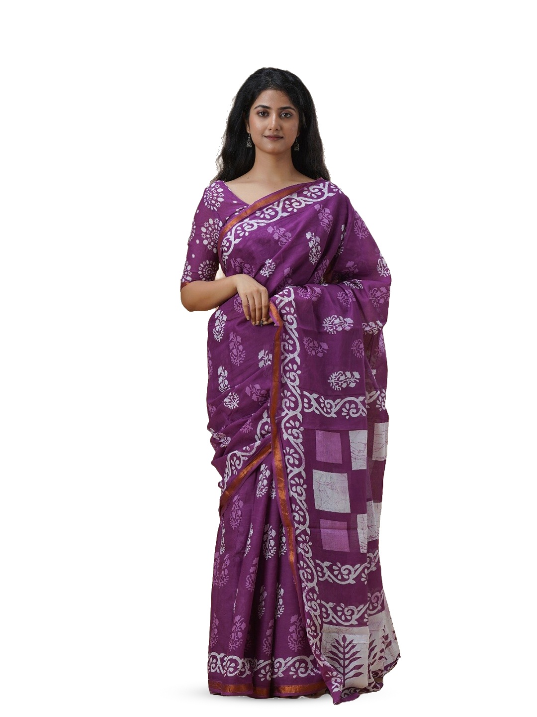 

GK FASHION Ethnic Motifs Zari Pure Cotton Block Printed Saree, Purple