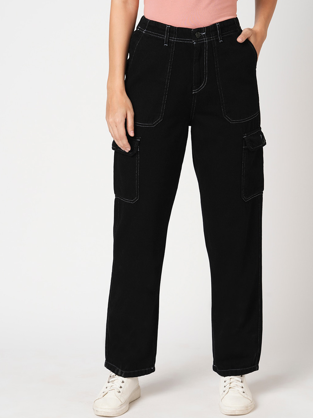 

Kraus Jeans Women Mid-Rise Loose Fit Cargos Trousers, Black