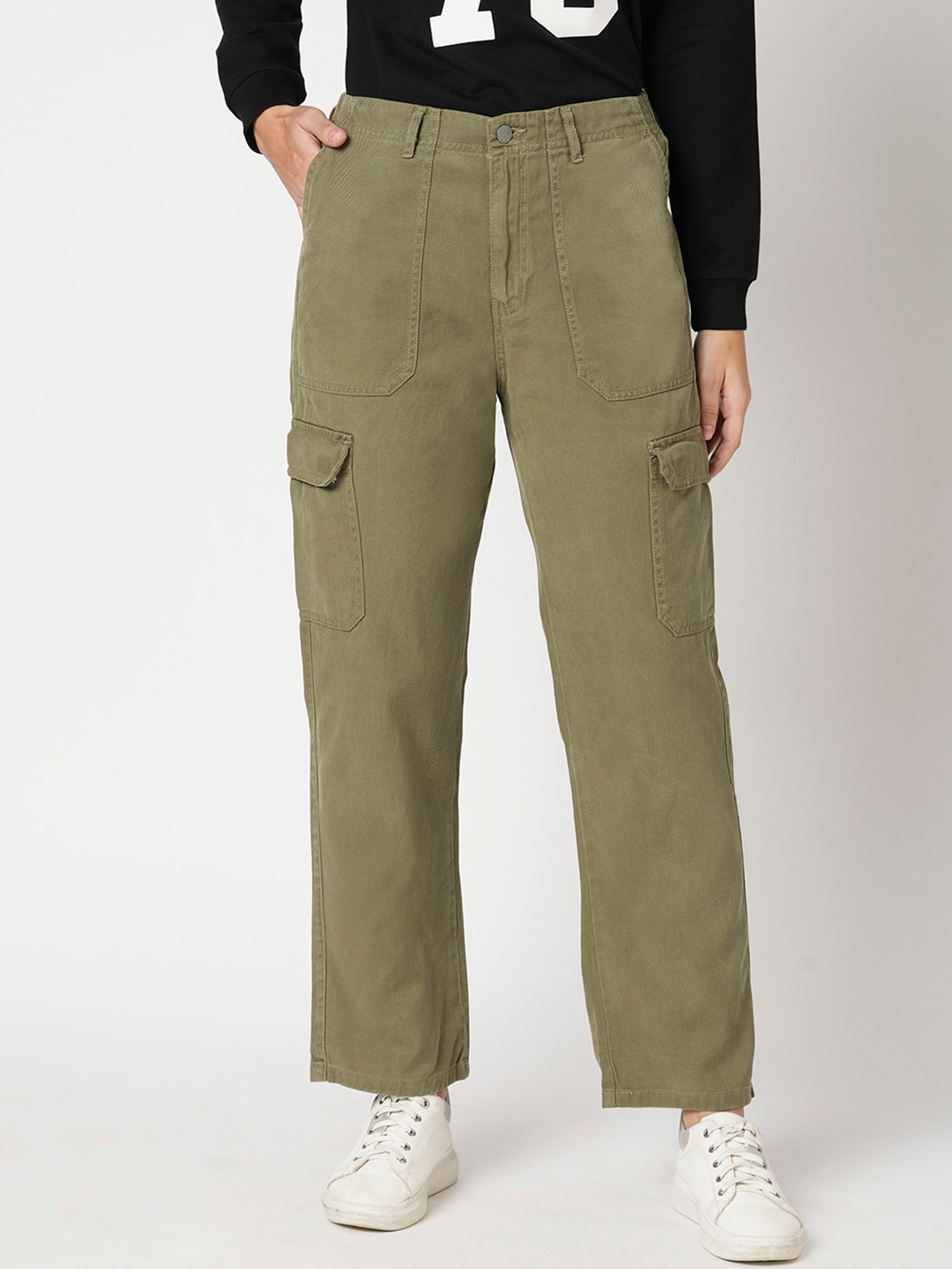 

Kraus Jeans Women Loose Fit Cotton Cargo Trousers, Olive