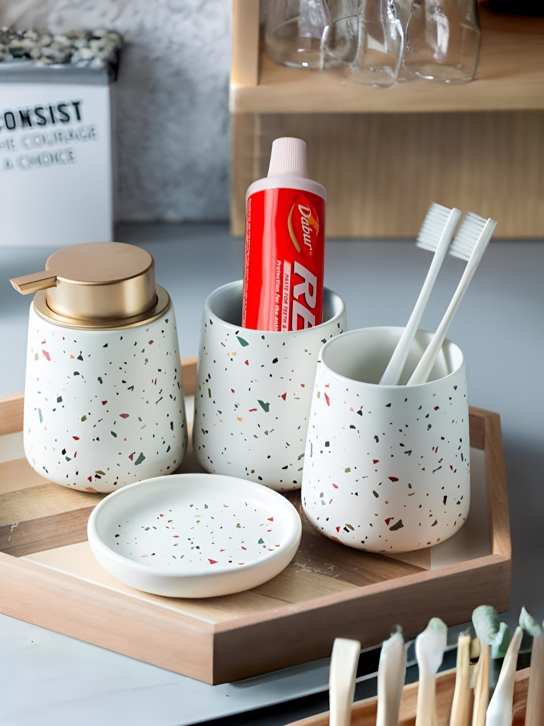 

USHA SHRIRAM White 4 Pieces Printed Ceramic Bath Accessories Set