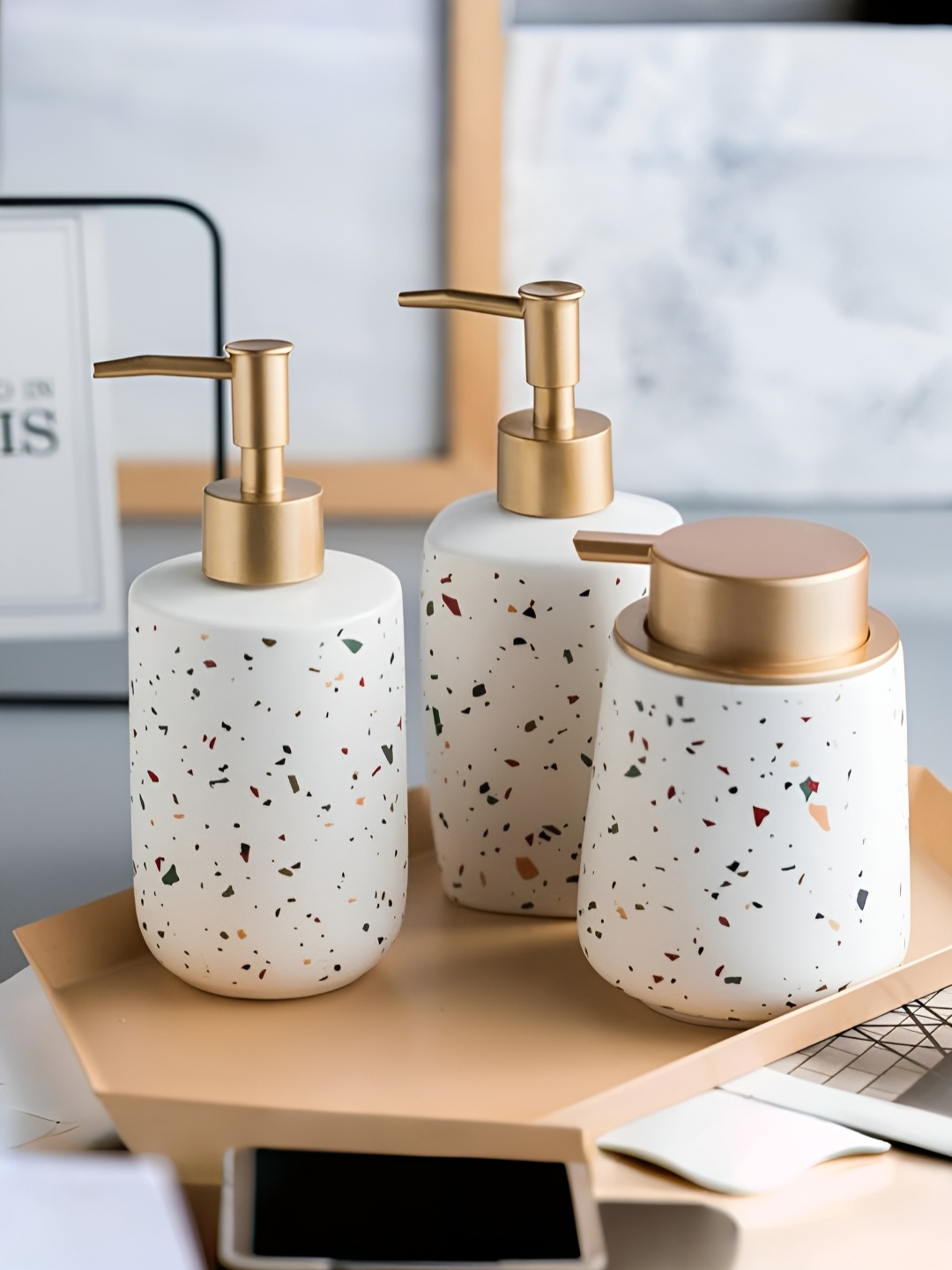

USHA SHRIRAM White 3 Pieces Printed Ceramic Soap Dispenser Set