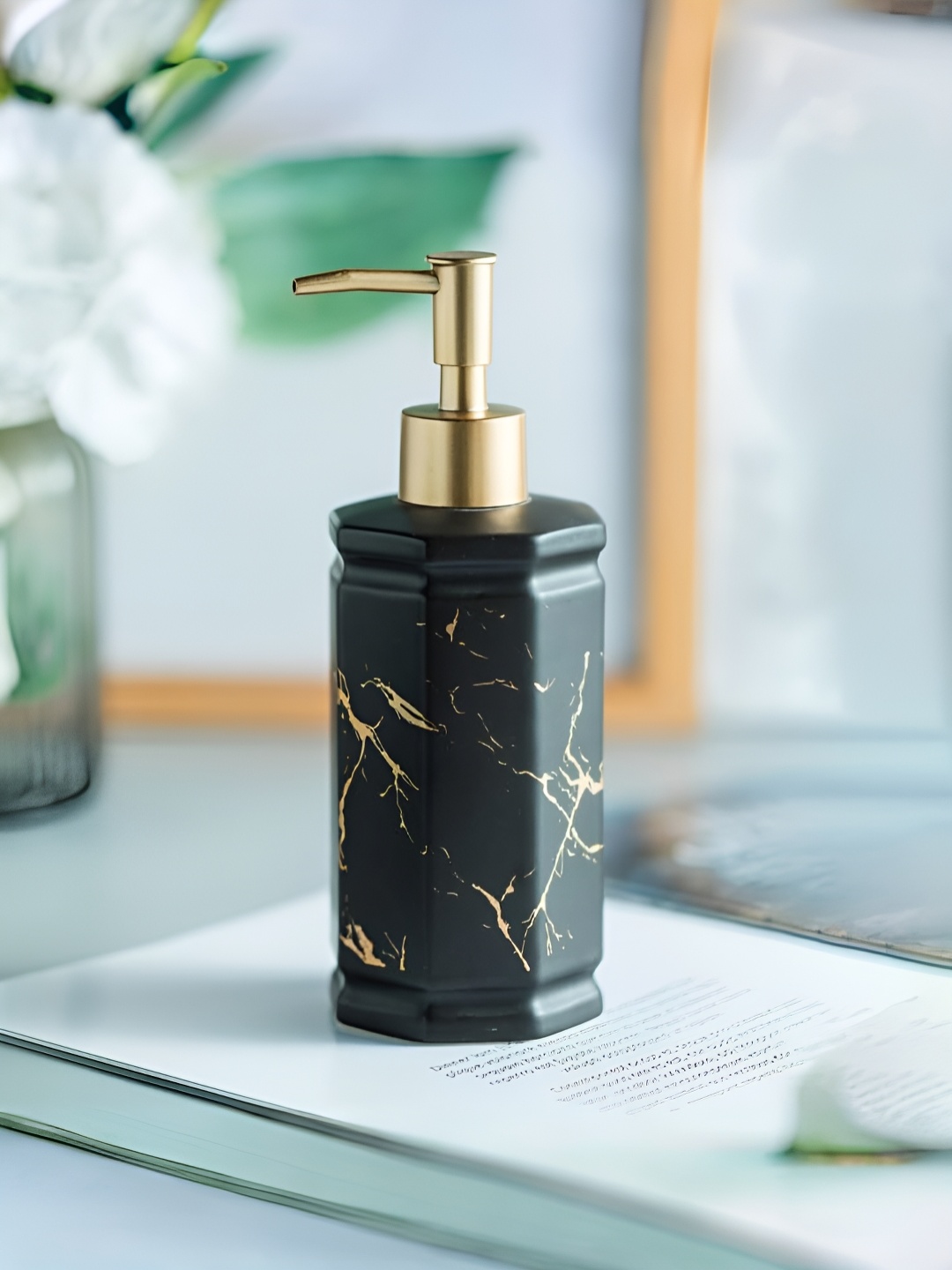 USHA SHRIRAM Black Printed Ceramic Soap Dispenser 350ml