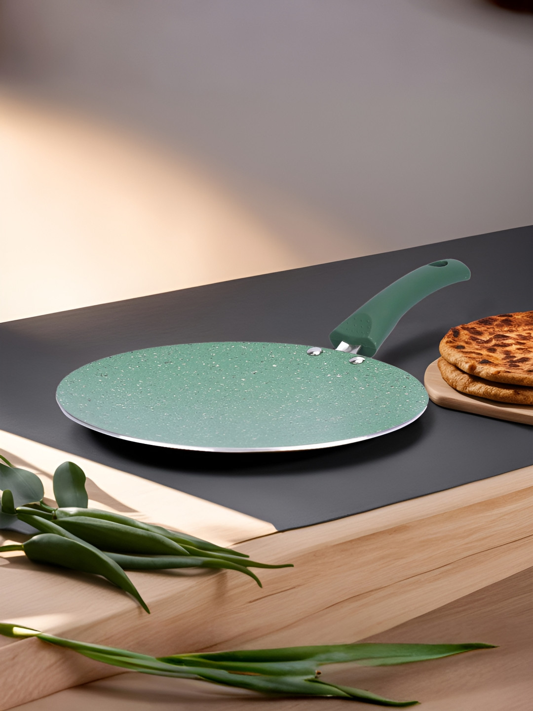 

USHA SHRIRAM Green Dishwasher Safe Non Stick Roti Tawa with Riveted Handle