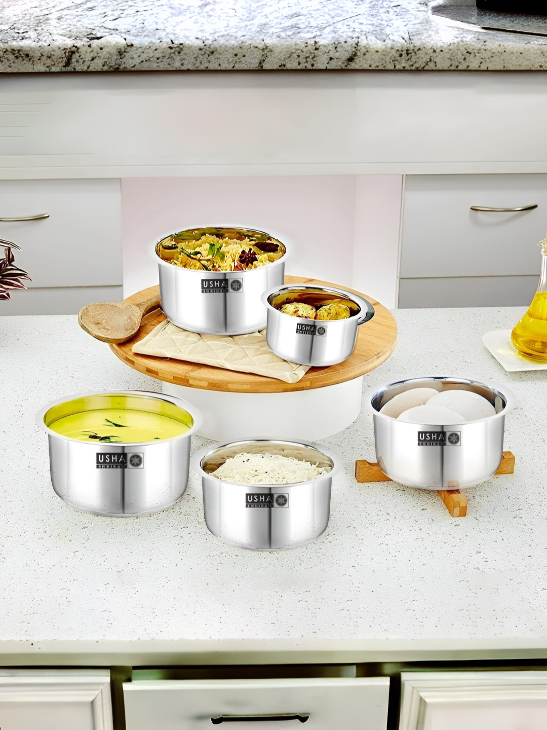 

USHA SHRIRAM Silver-Toned 5 Pieces Induction Base Stainless Steel Tope Set