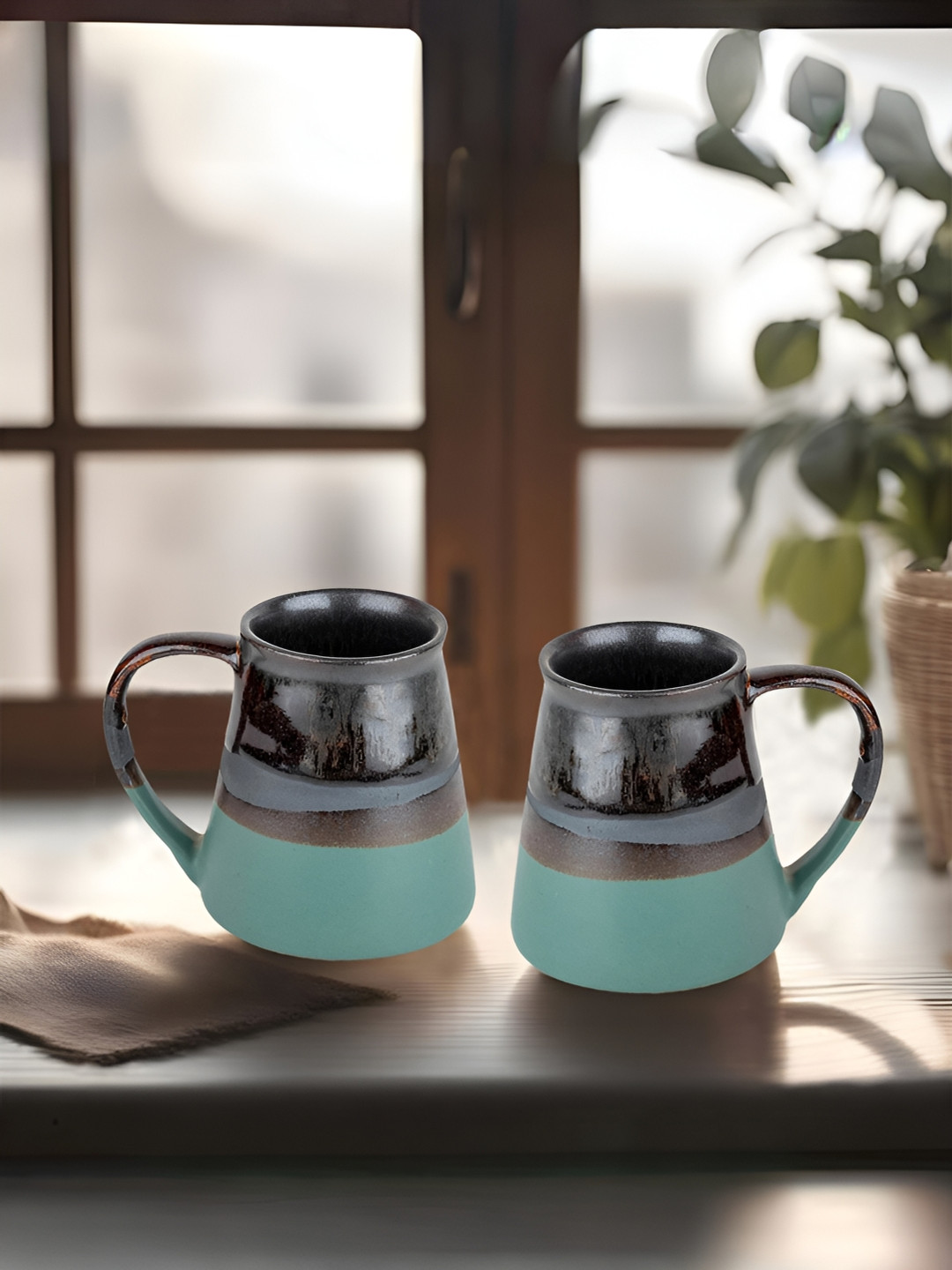 

USHA SHRIRAM Olive Green & Black 2 Pieces Ceramic Cups 320 ml