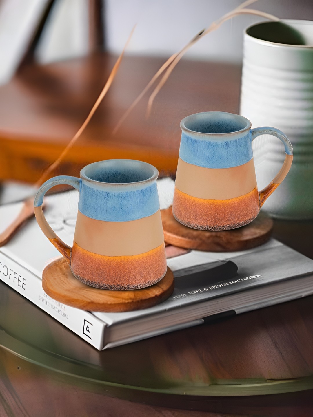 

USHA SHRIRAM Blue & Brown 2 Pieces Ceramic Cups 320 ml each