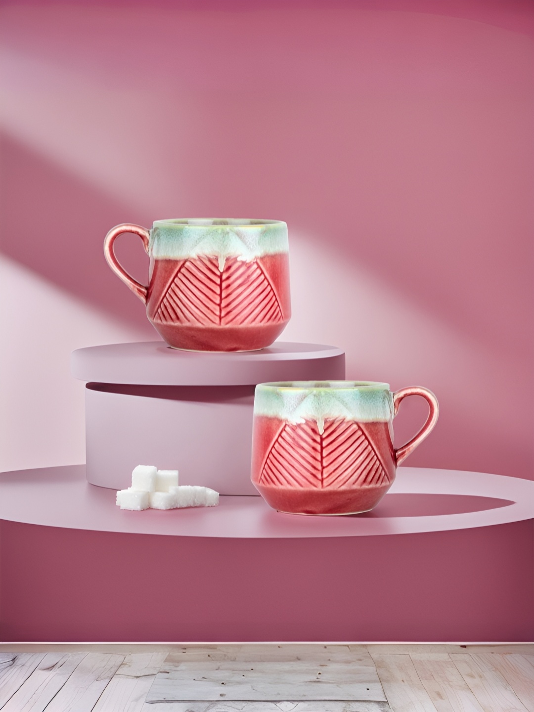 

USHA SHRIRAM Pink & White 2 Pieces Textured Scratch Resistant & Stain Proof Ceramic Cup