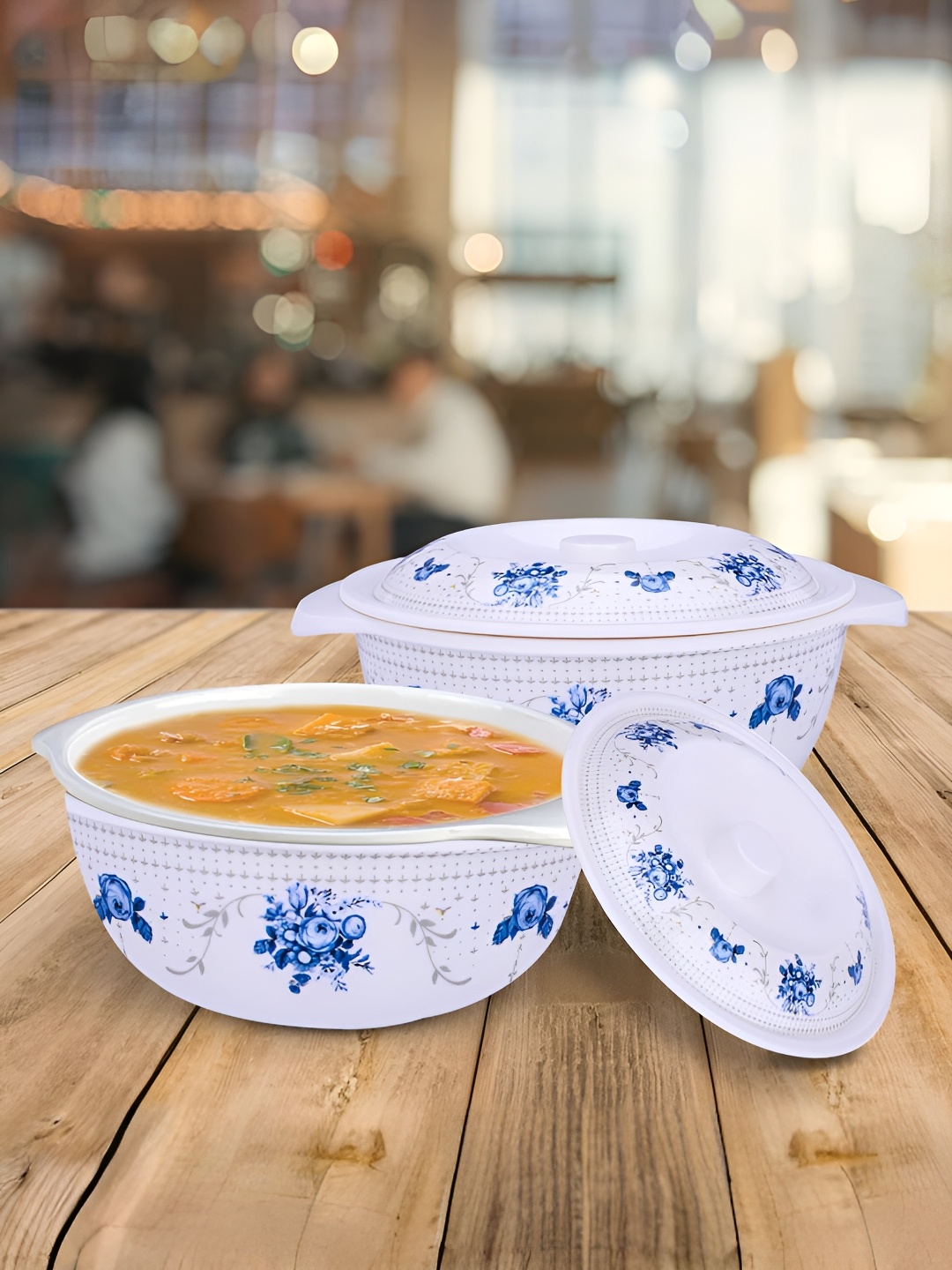 

USHA SHRIRAM White & Black 4 Pieces Printed Serving Bowl with Lids, Blue