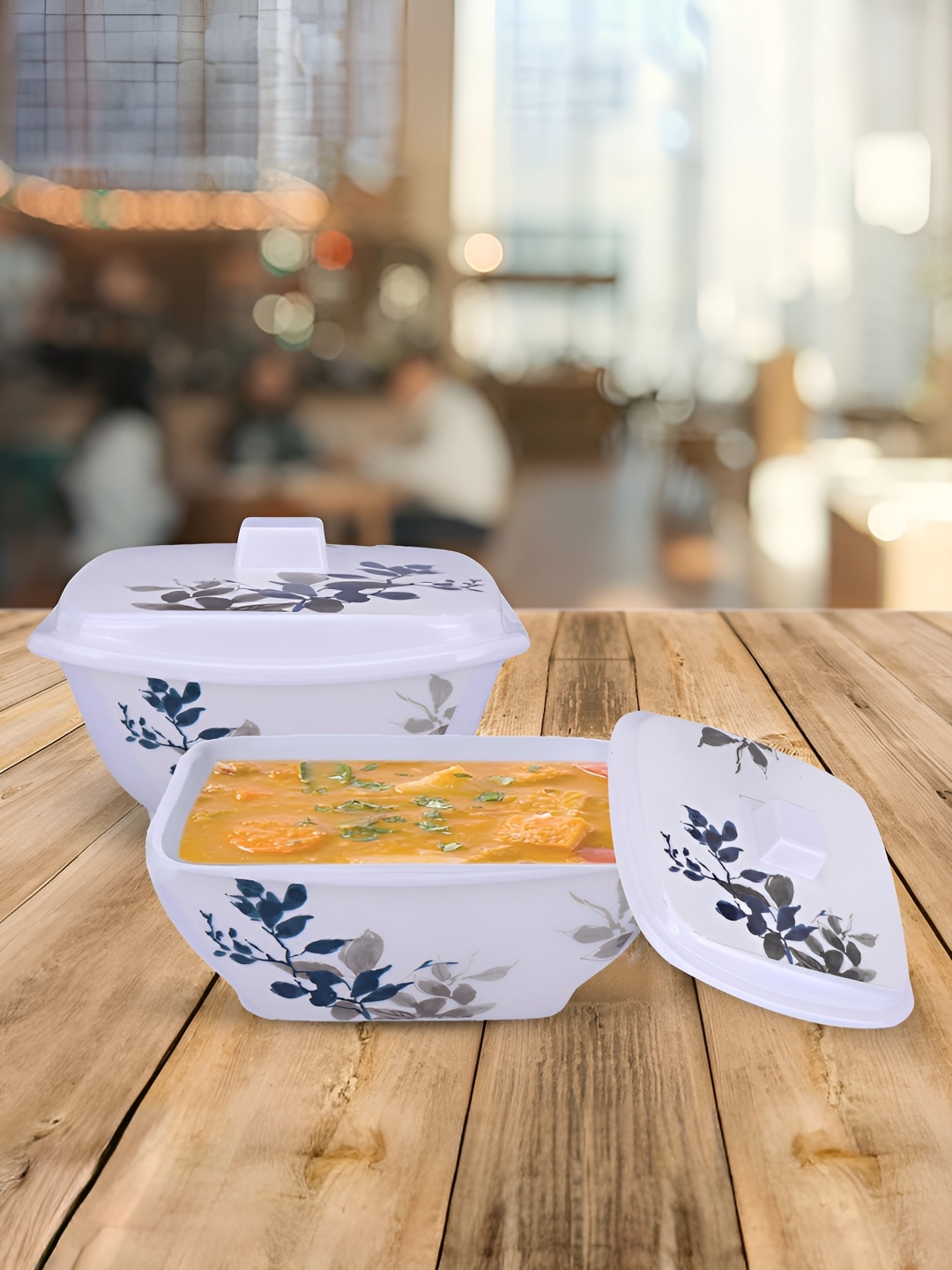 

USHA SHRIRAM White Blue 2 Pieces Floral Square Melamine Serving Bowls With Lids