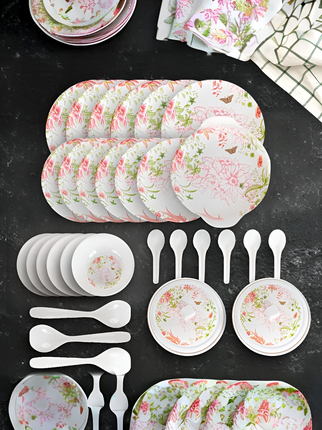 USHA SHRIRAM Off White Pink 32 Pieces Floral Melamine Dinner Set