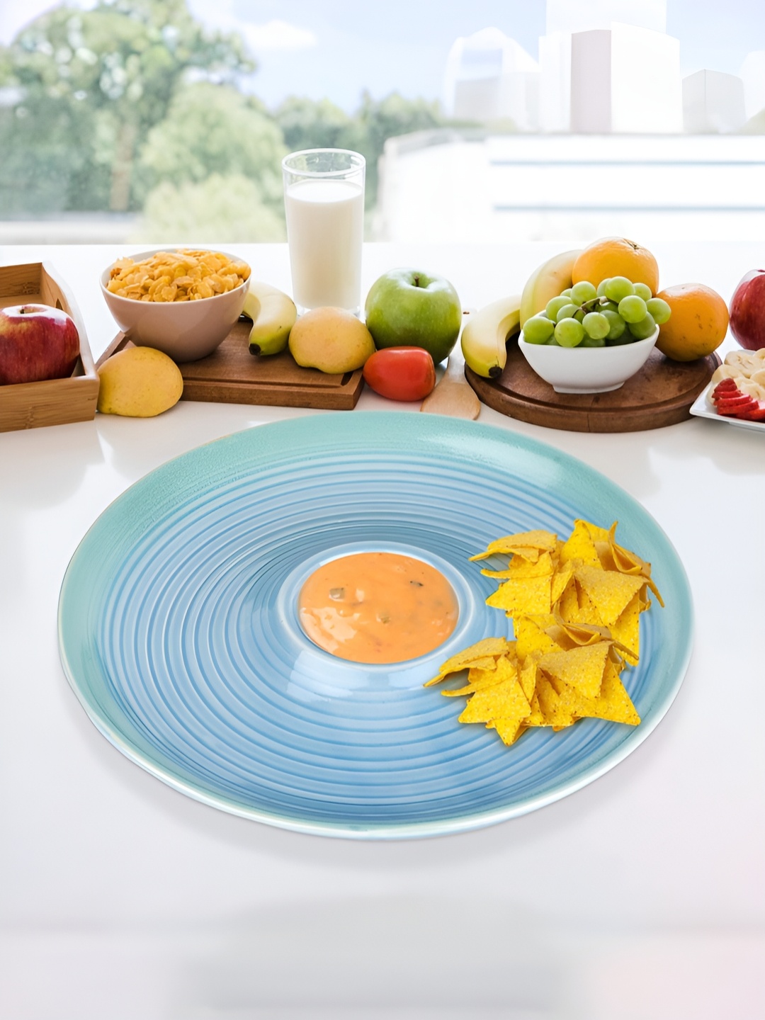 

USHA SHRIRAM Blue Ceramic Snack Plate with Centre Dip