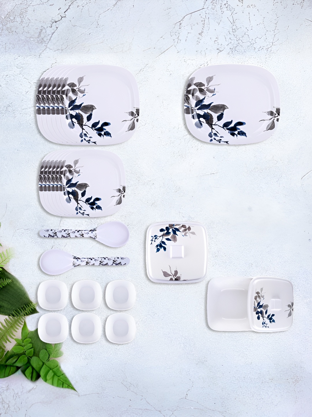 

USHA SHRIRAM Blue & Off White & Green 31 Pieces Printed Dinner Set