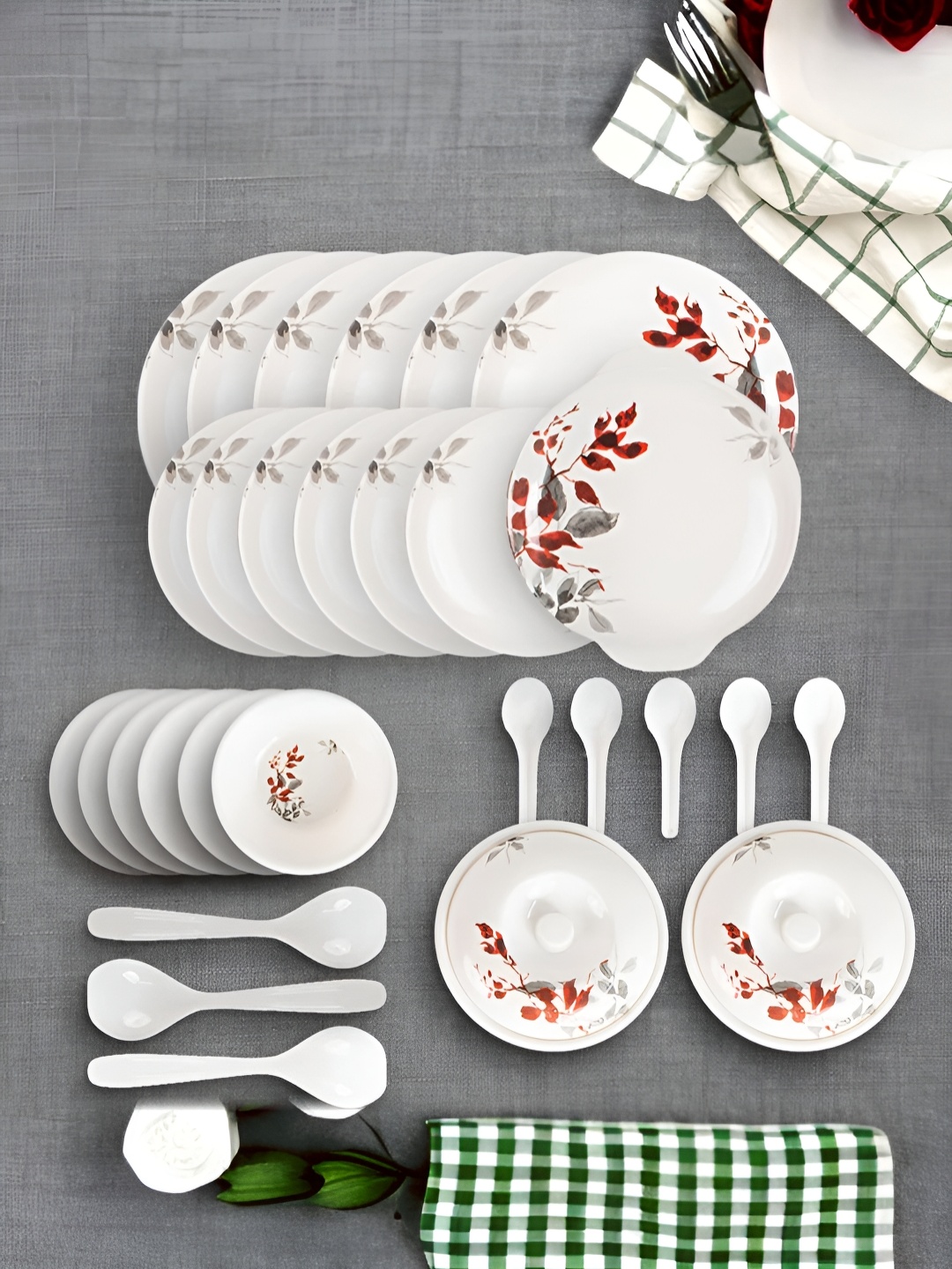 

USHA SHRIRAM Off White & Red 32 Pieces Printed Dinner Set