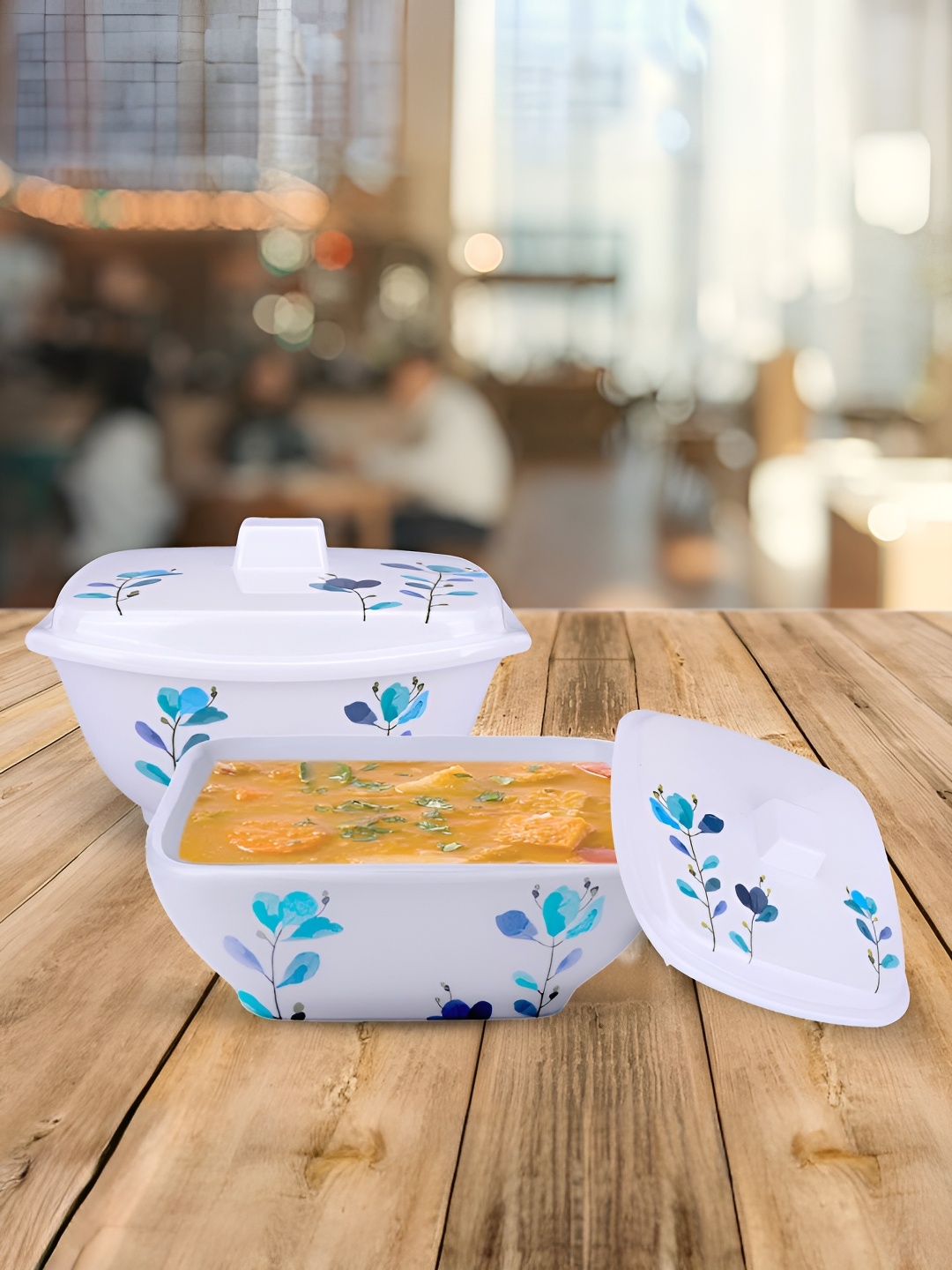 

USHA SHRIRAM White & Black 4 Pieces Printed Serving Bowl with Lids, Blue