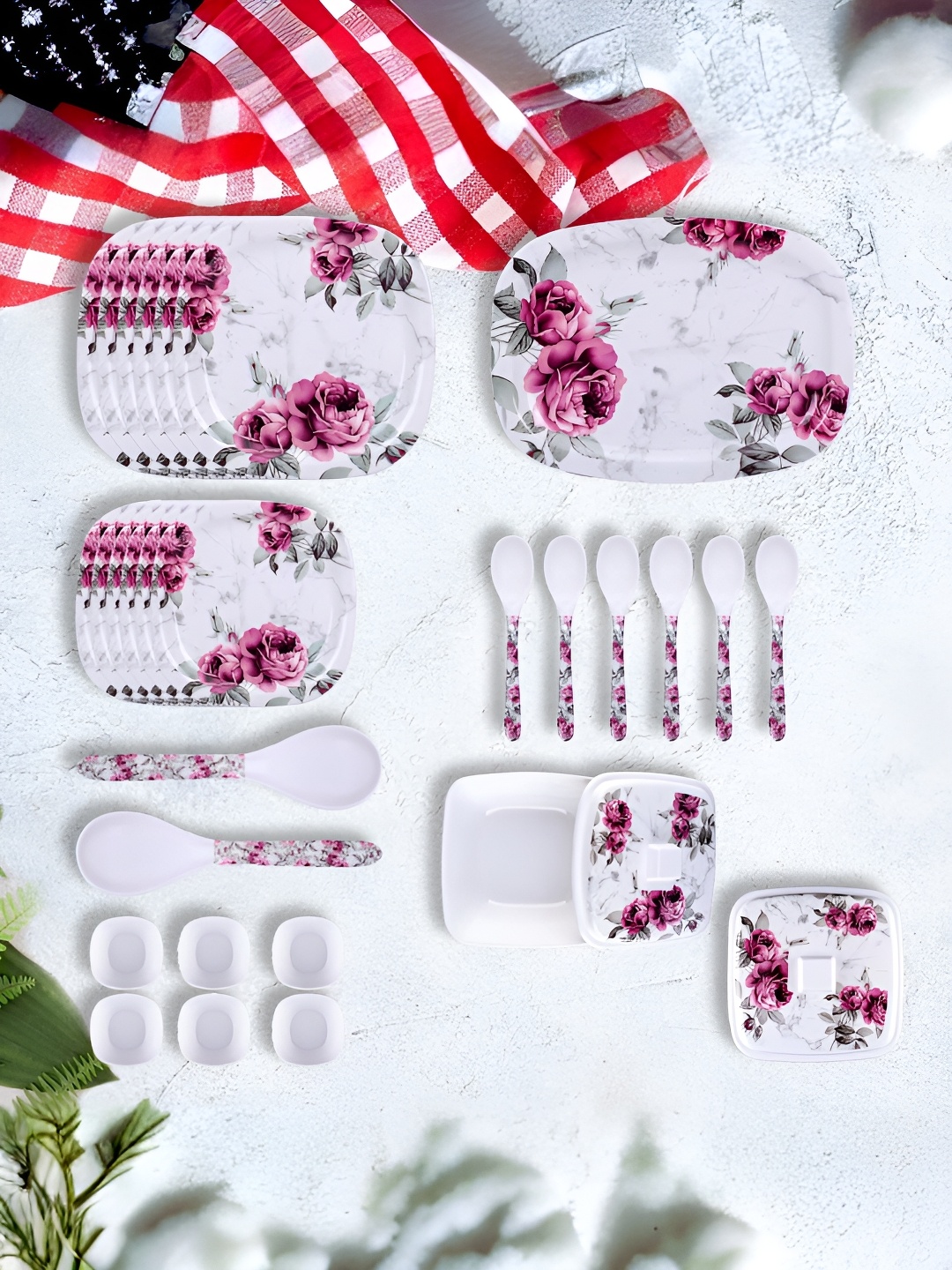 

USHA SHRIRAM Pink 31 Pieces Printed Melamine Dinner Set, Blue