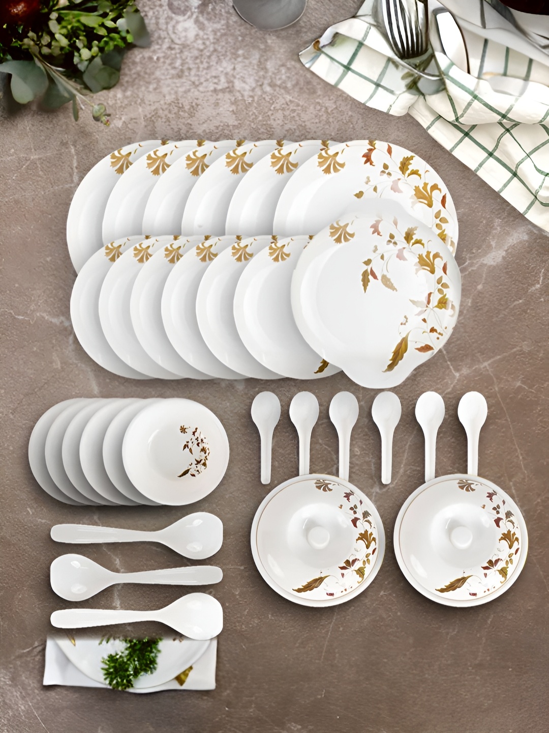 

USHA SHRIRAM Off White & Brown 32 Pieces Melamine Glossy Dinner Set