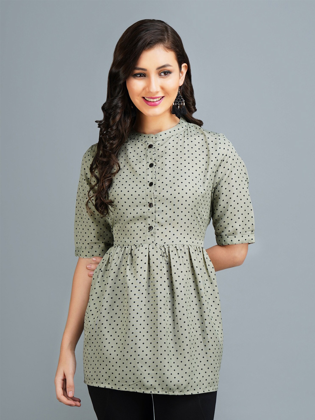 

MALANDRO Geometric Printed Mandarin Collar A-Line Top, Green