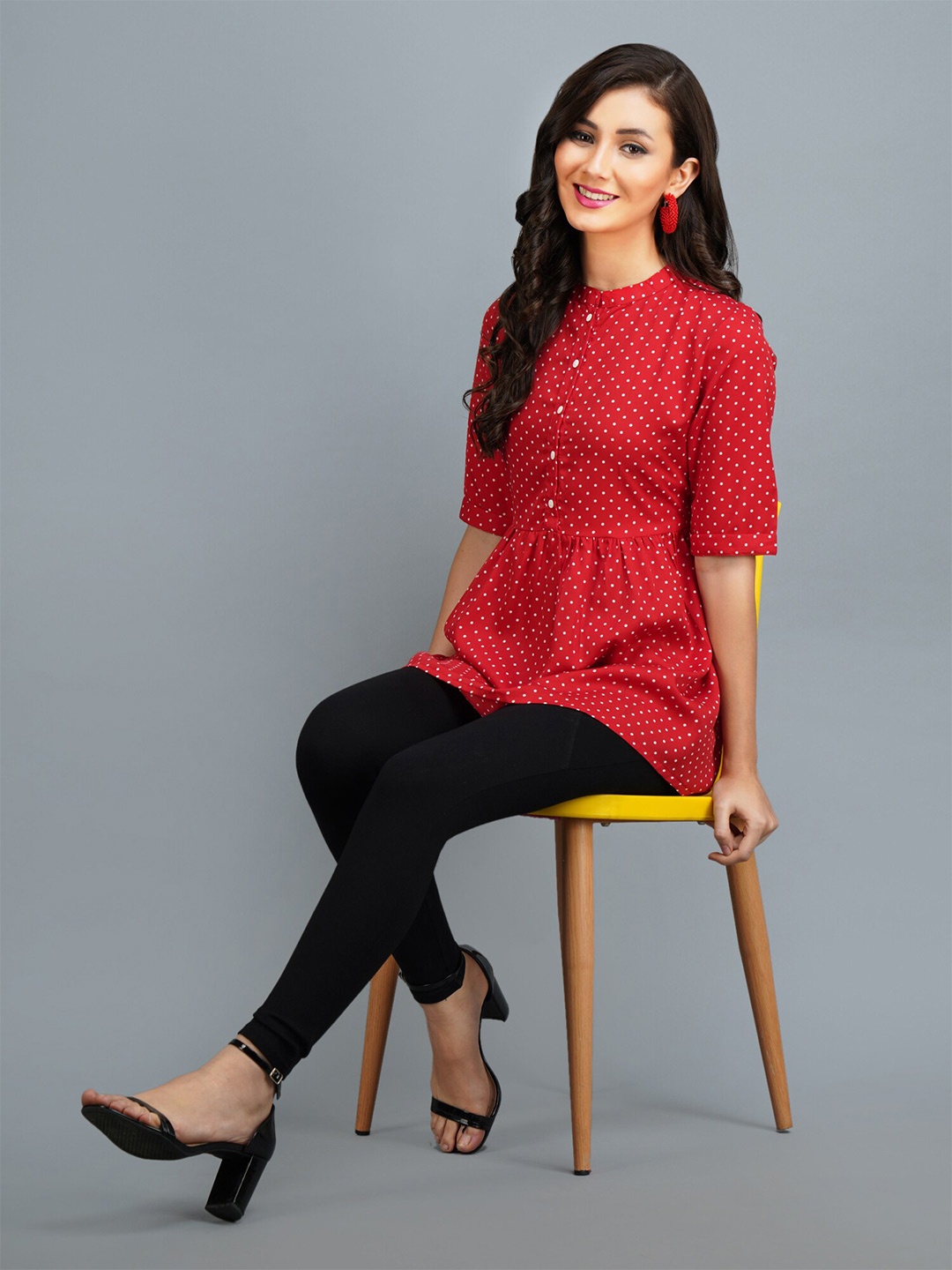 

MALANDRO Polka Dot Printed Mandarin Collar Peplum Top, Maroon