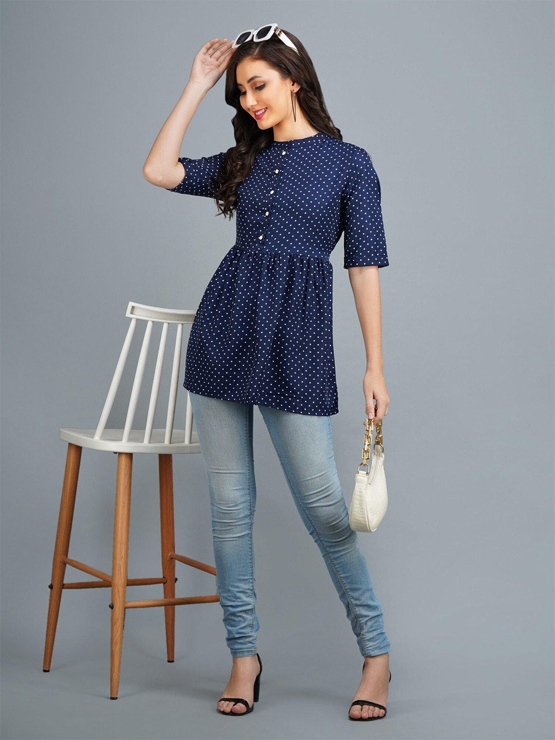 

MALANDRO Polka Dots Printed Mandarin Collar A-Line Crepe Top, Blue