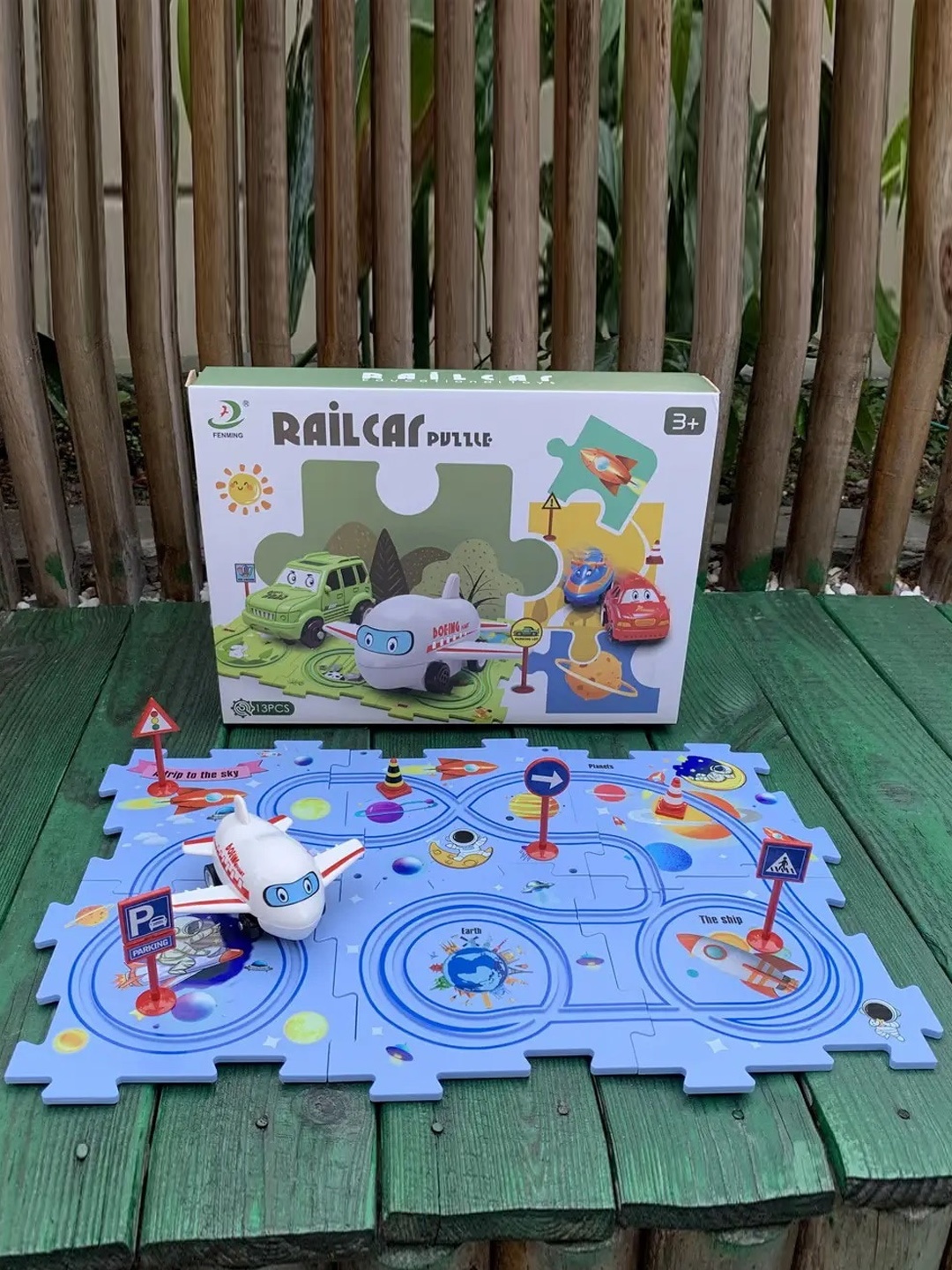 

ADKD Kids Space Theme Rail Car Puzzle Race Track Car Play Set, Blue
