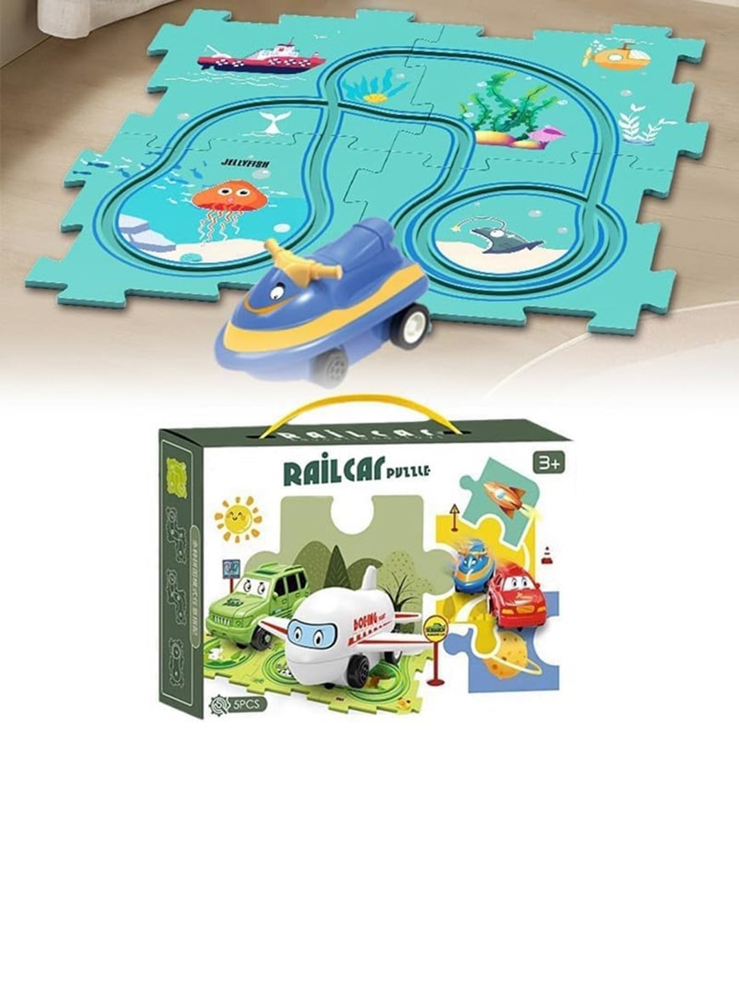 

ADKD Kids Rail Car Puzzle Race Track Car Play Set, Blue