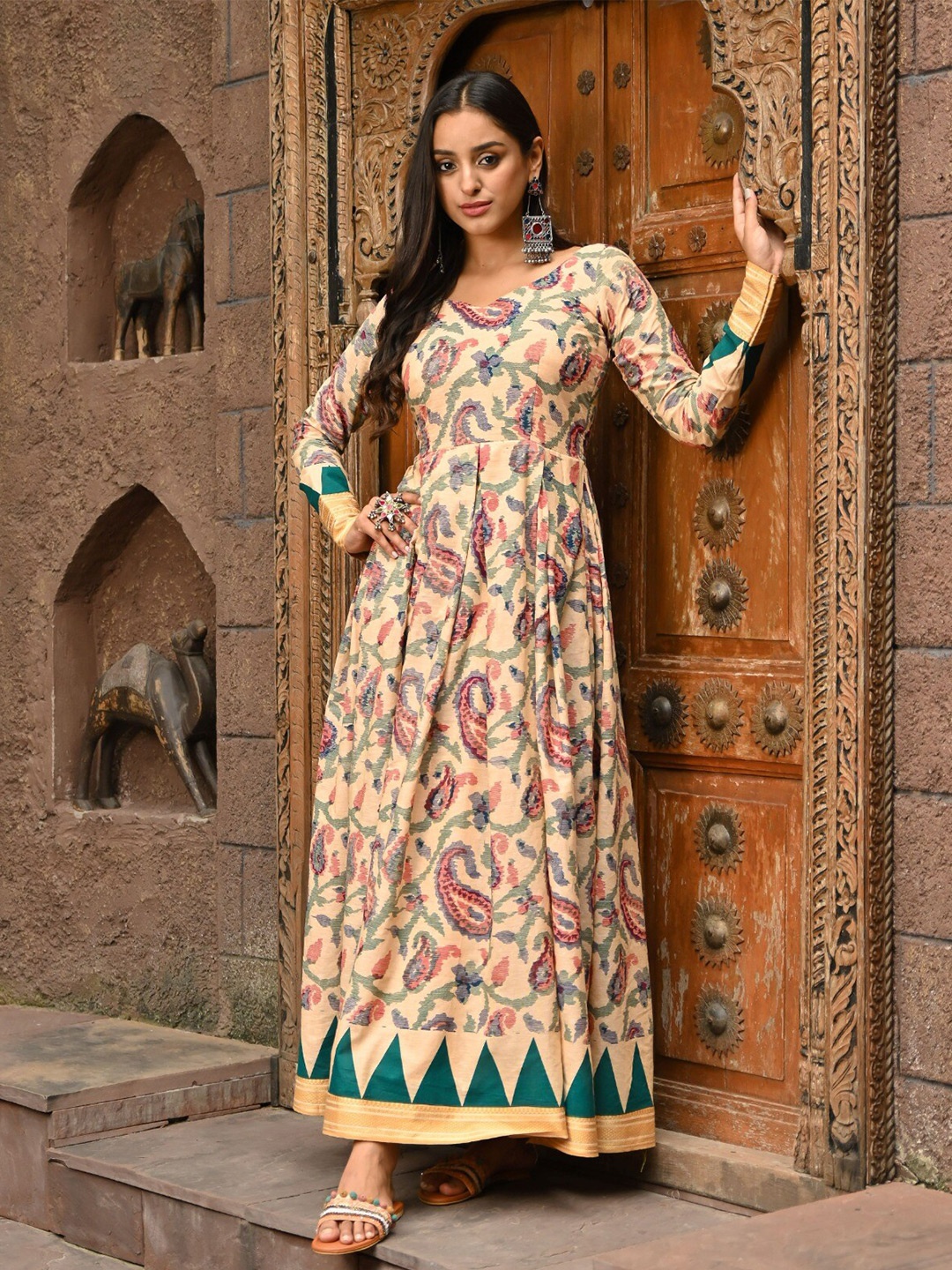 

Vinya Ethnic Motifs Printed V-Neck Long Sleeves Fit & Flare Maxi Dress, Beige