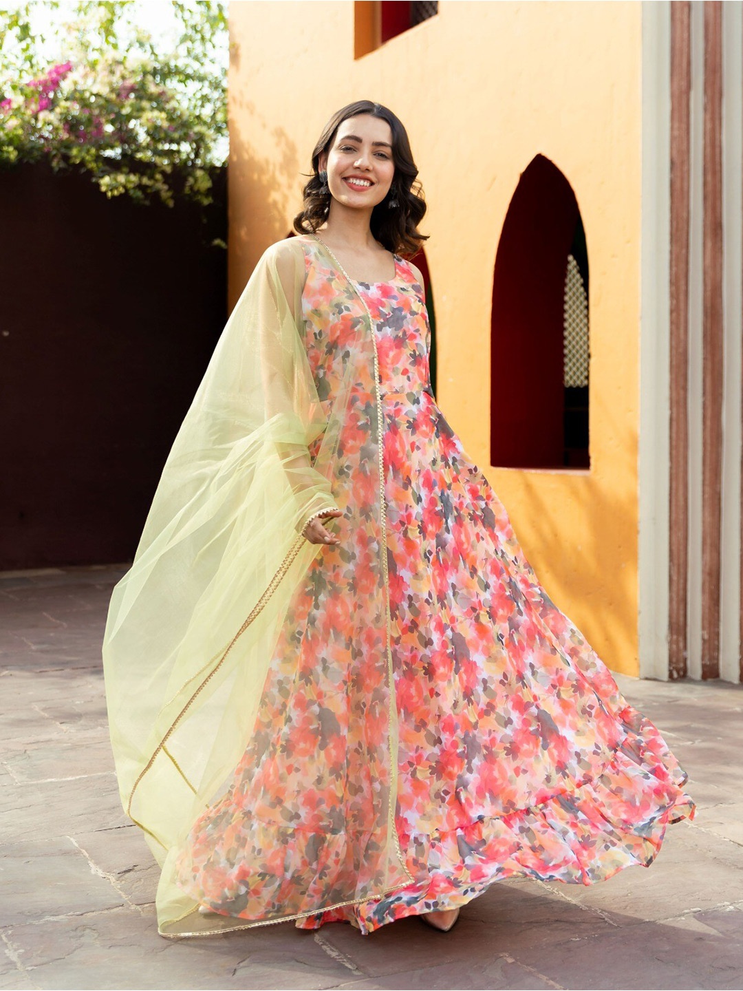 

Vinya Floral Printed Round Neck Fit & Flare Maxi Dress Embroidery net dupatta, Pink