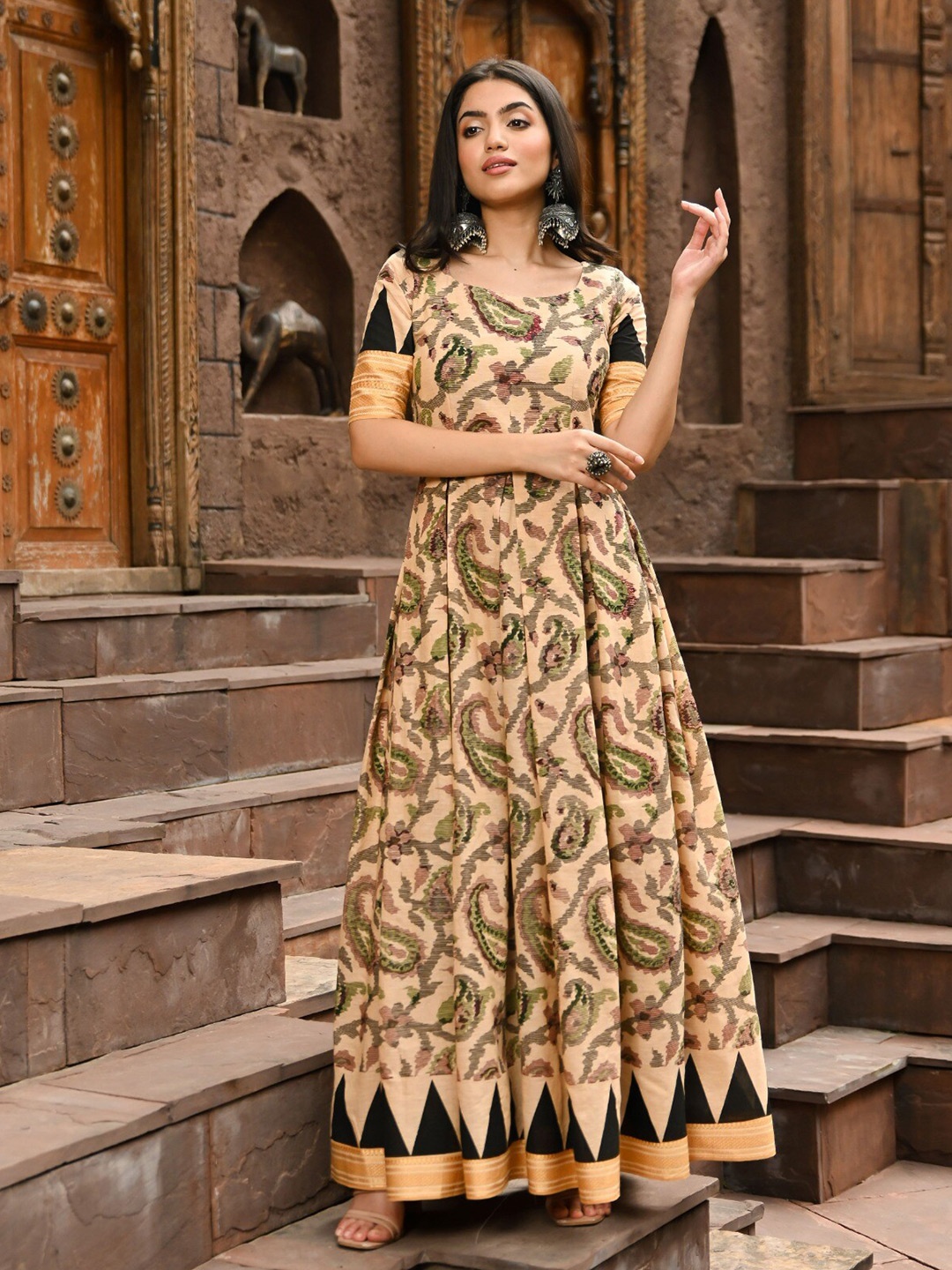 

Vinya Ethnic Motifs Printed Round Neck Cotton Maxi Dress, Beige