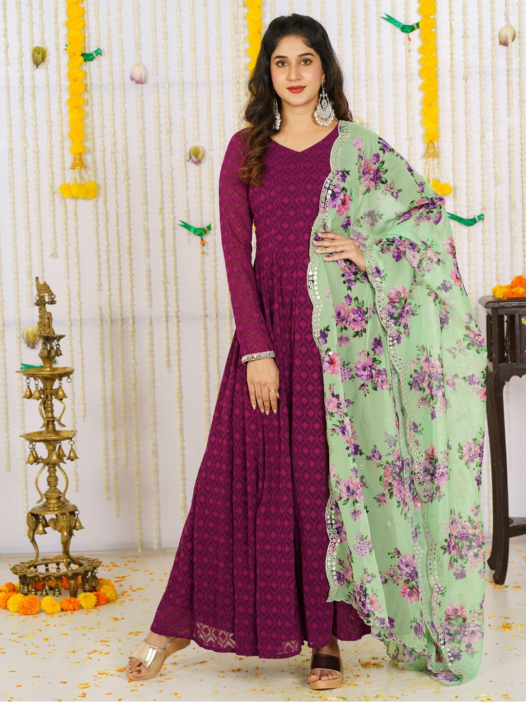 

Vinya Floral Printed Georgette Maxi Dress With Dupatta, Magenta