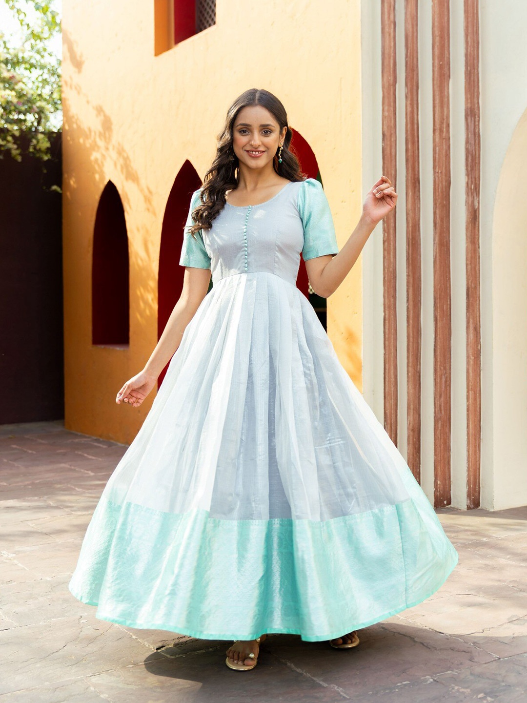 

Vinya Round Neck Short Sleeves Self Design Flared Maxi Dress, Silver
