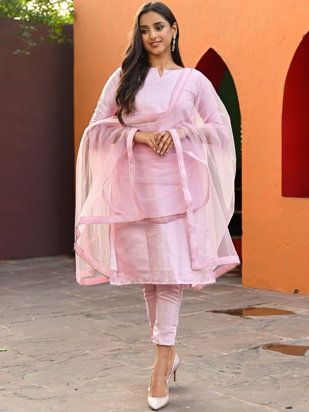 

Vinya Geometric Self Design Regular Raw Silk Kurta With Trousers & Dupatta, Pink