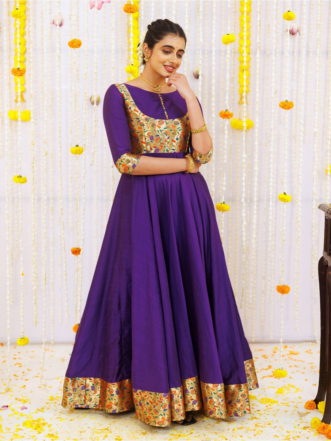 

Vinya Floral Self Design Fit & Flare Cotton Dress with border Maxi Ethnic Dresses, Purple