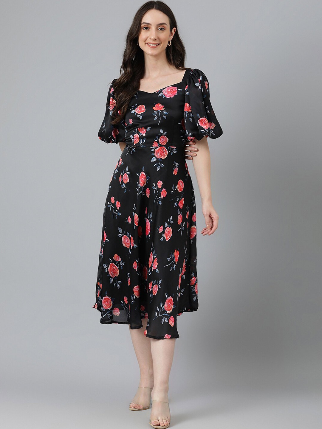 

Vinya Floral Printed Georgette Flared Sleeve A-Line Midi Dress, Black