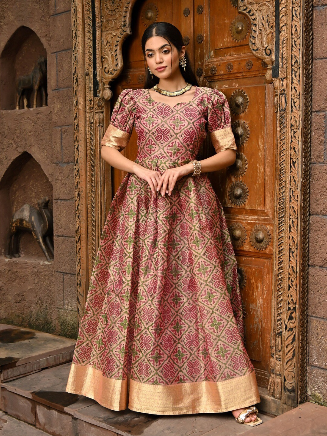 

Vinya Ethnic Motifs Print Organic Cotton Maxi Dress, Pink