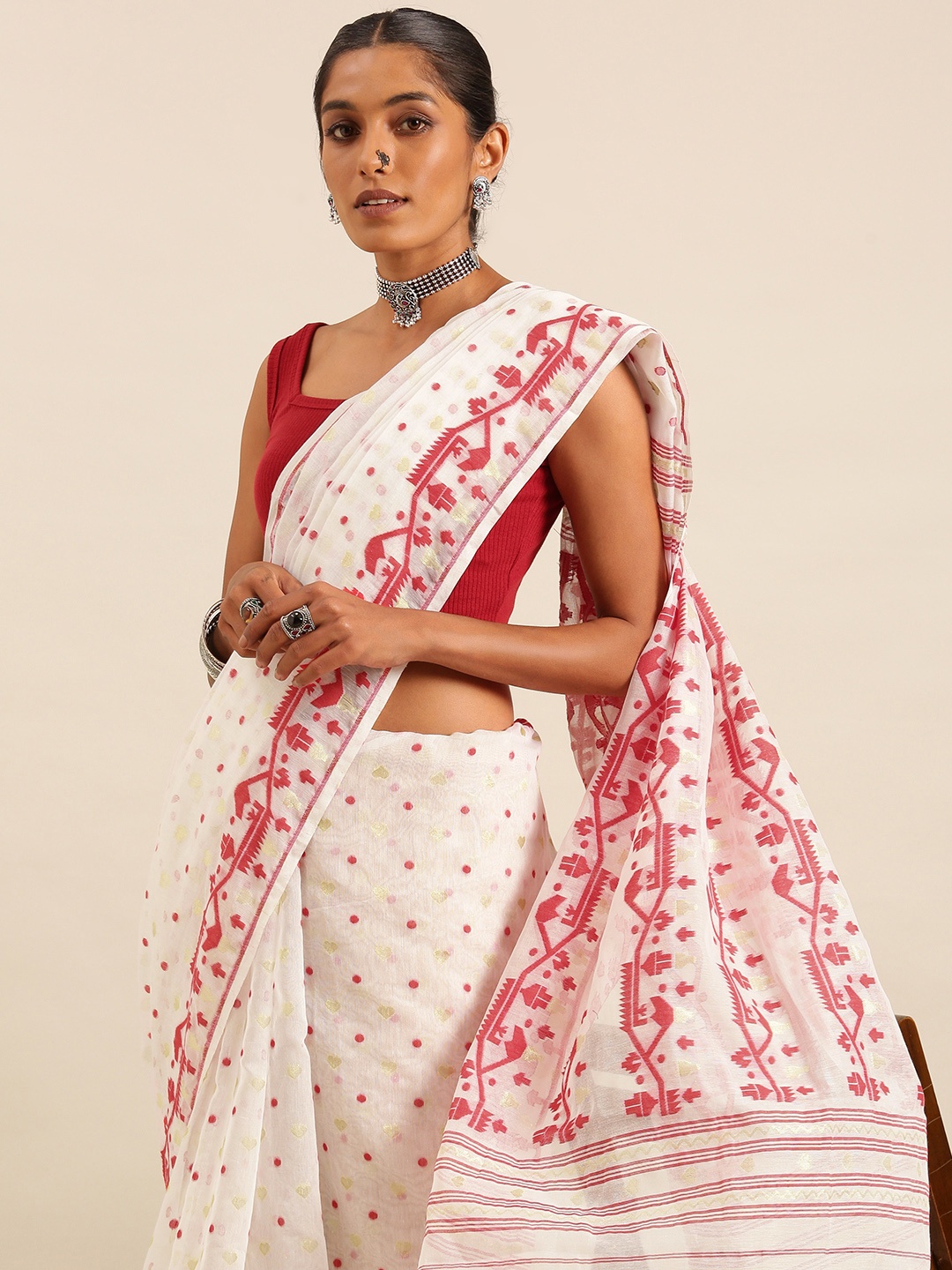

Taavi Woven Design Jamdani Inspired Woven Legacy Saree, White