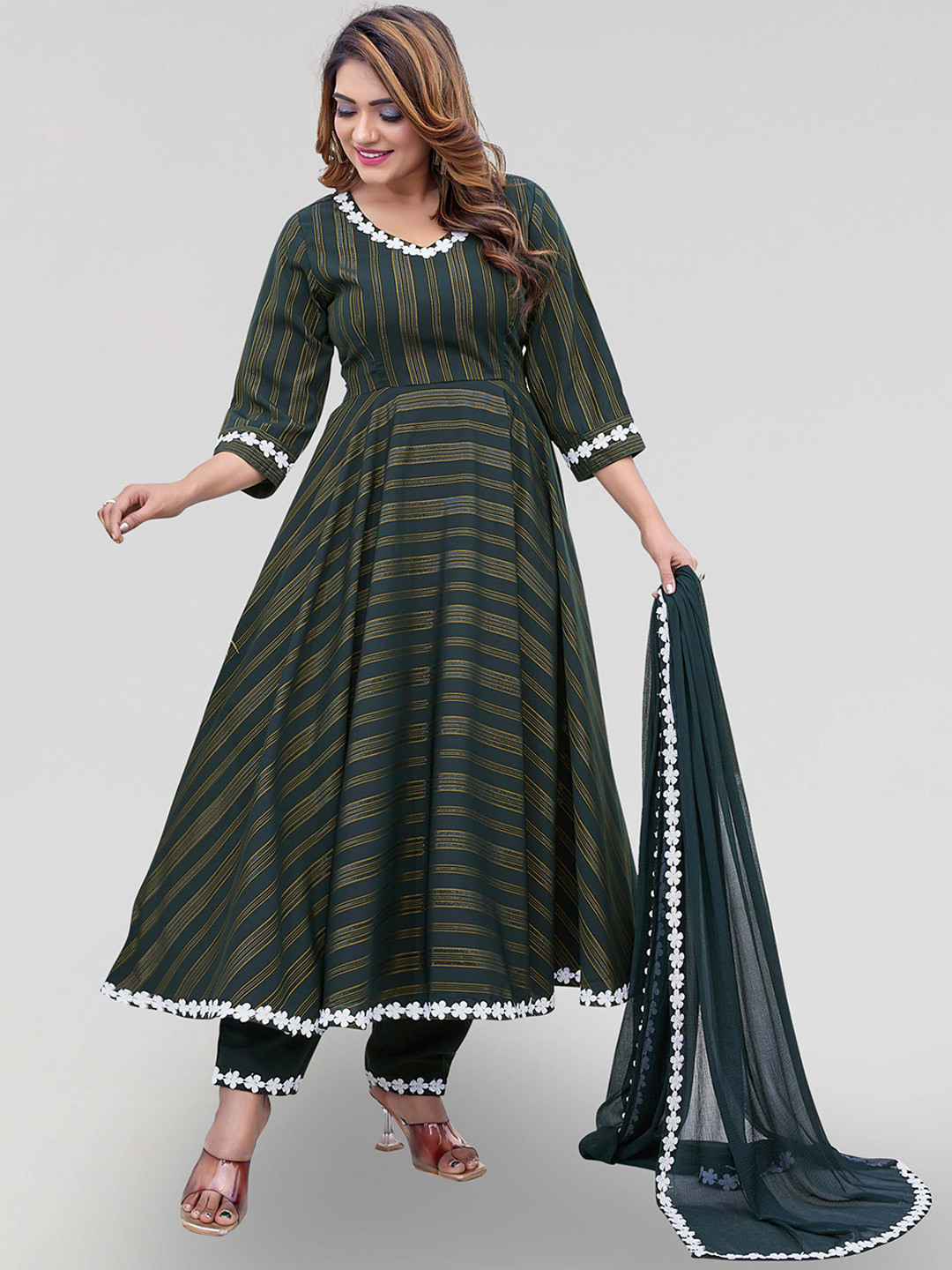 

PYARI - A style for every story Striped Anarkali Kurta With Trousers & Dupatta, Green