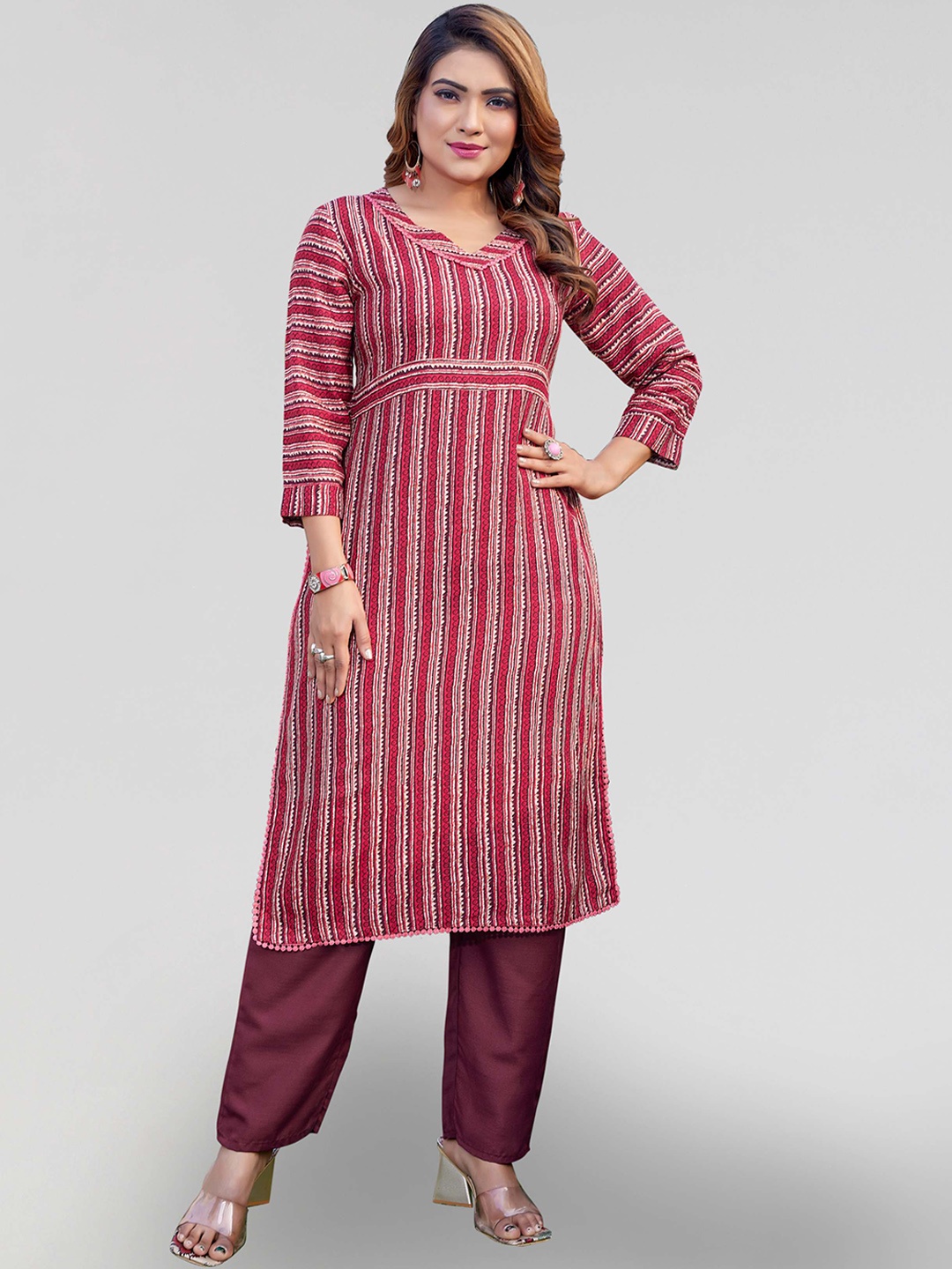 

PYARI - A style for every story Striped Regular Kurta with Trousers, Maroon