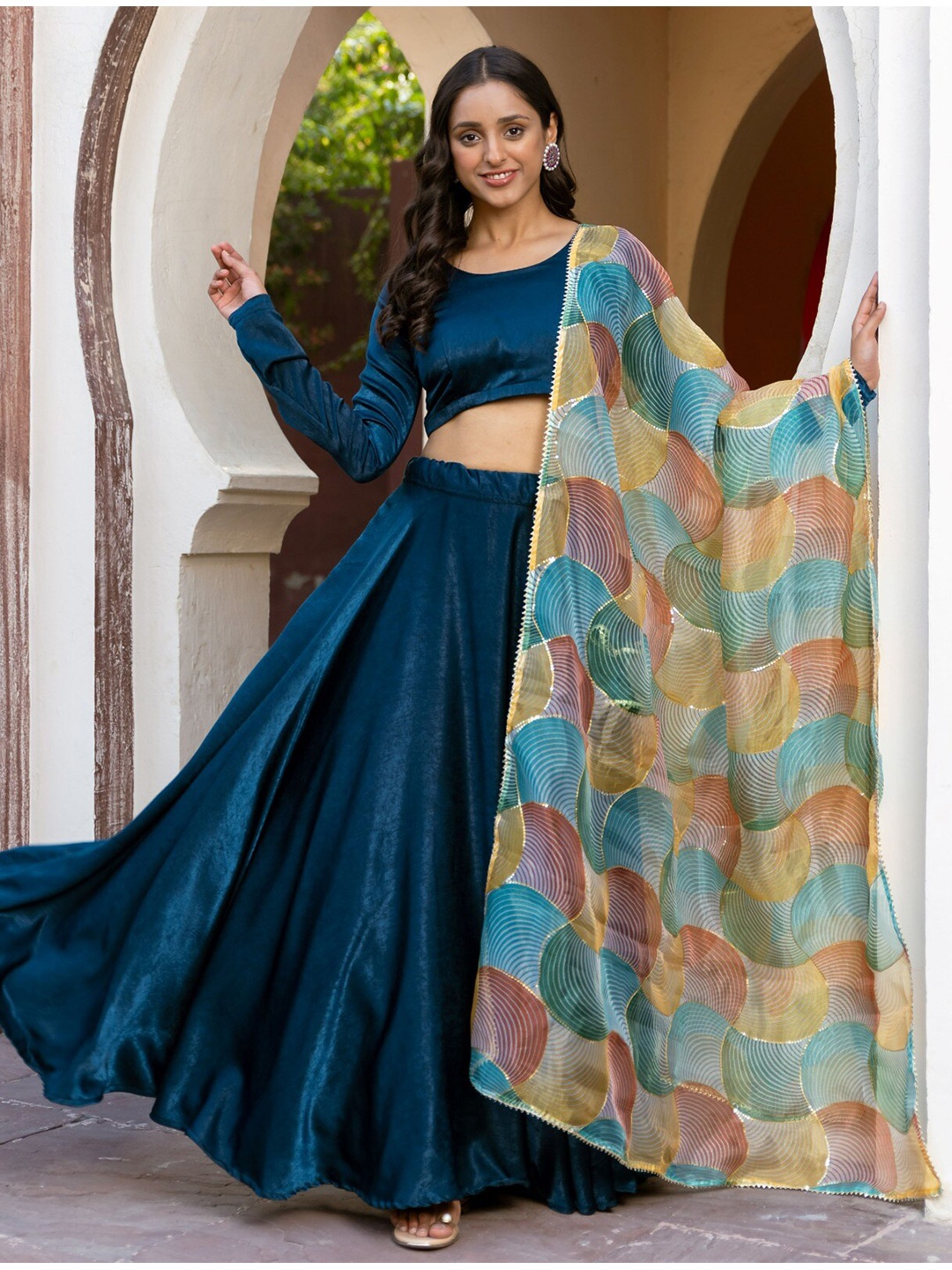 

Vinya Round Neck Velvet Ready to Wear Lehenga & Blouse With Dupatta, Teal