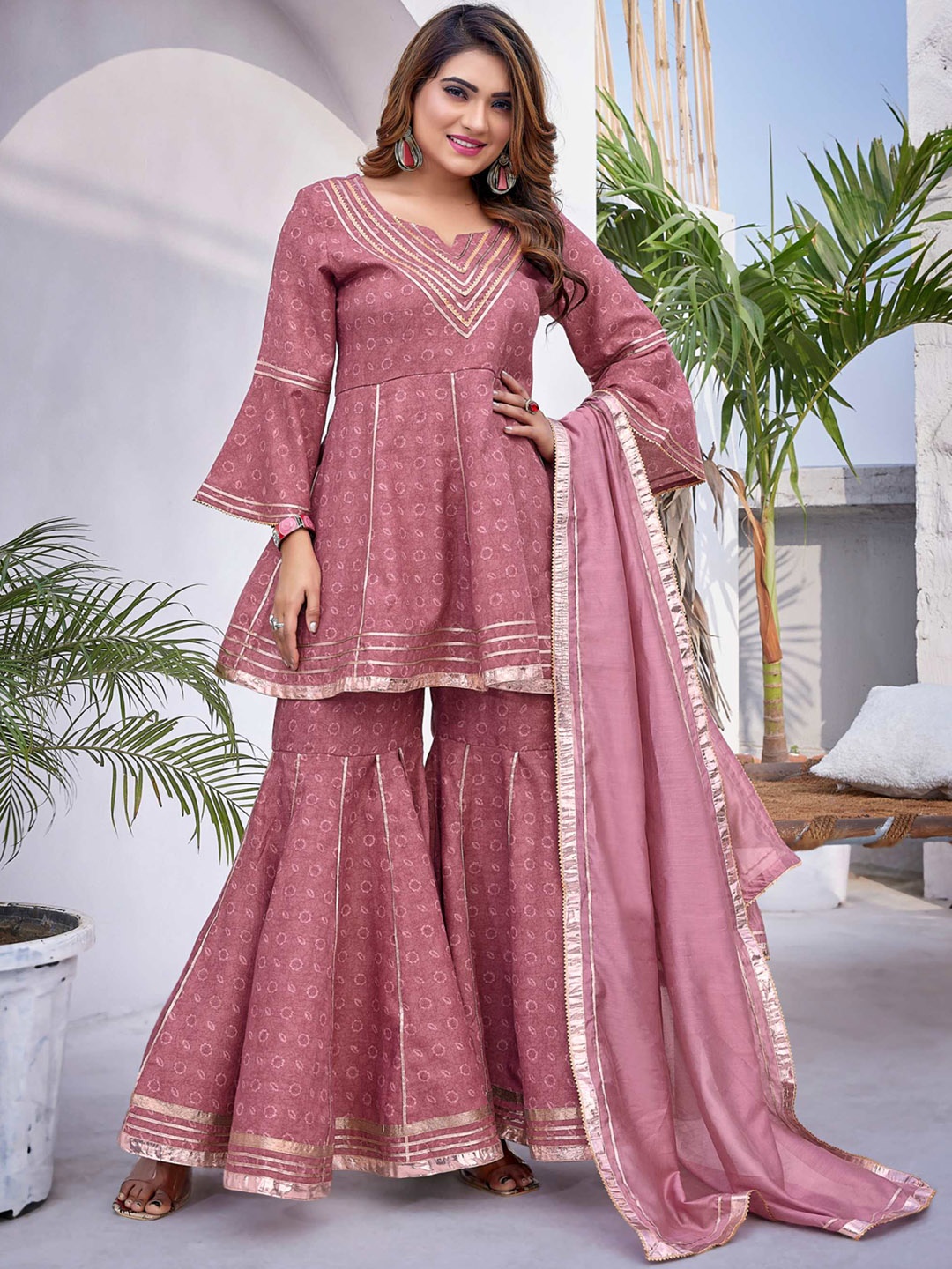 

Titanium Silk Industries Floral Printed Gotta Patti A-Line Kurta & Sharara With Dupatta, Pink
