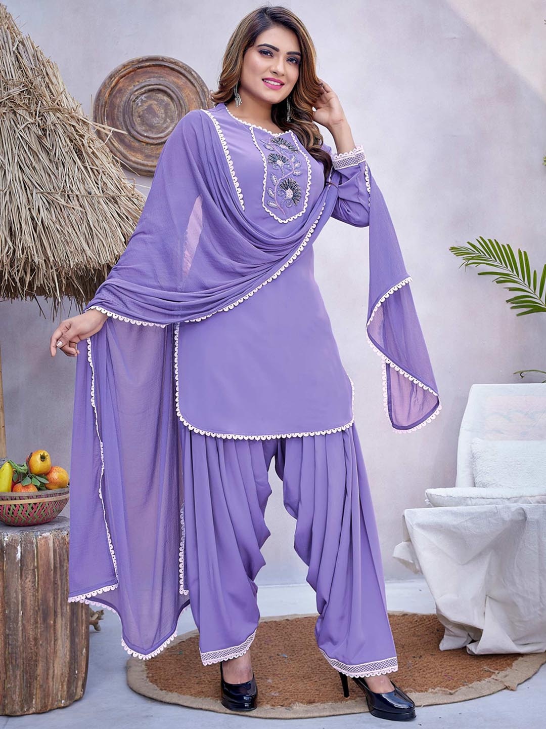 

Titanium Silk Industries Floral Embroidered V-Neck Straight Kurta with Patiala & Dupatta, Purple