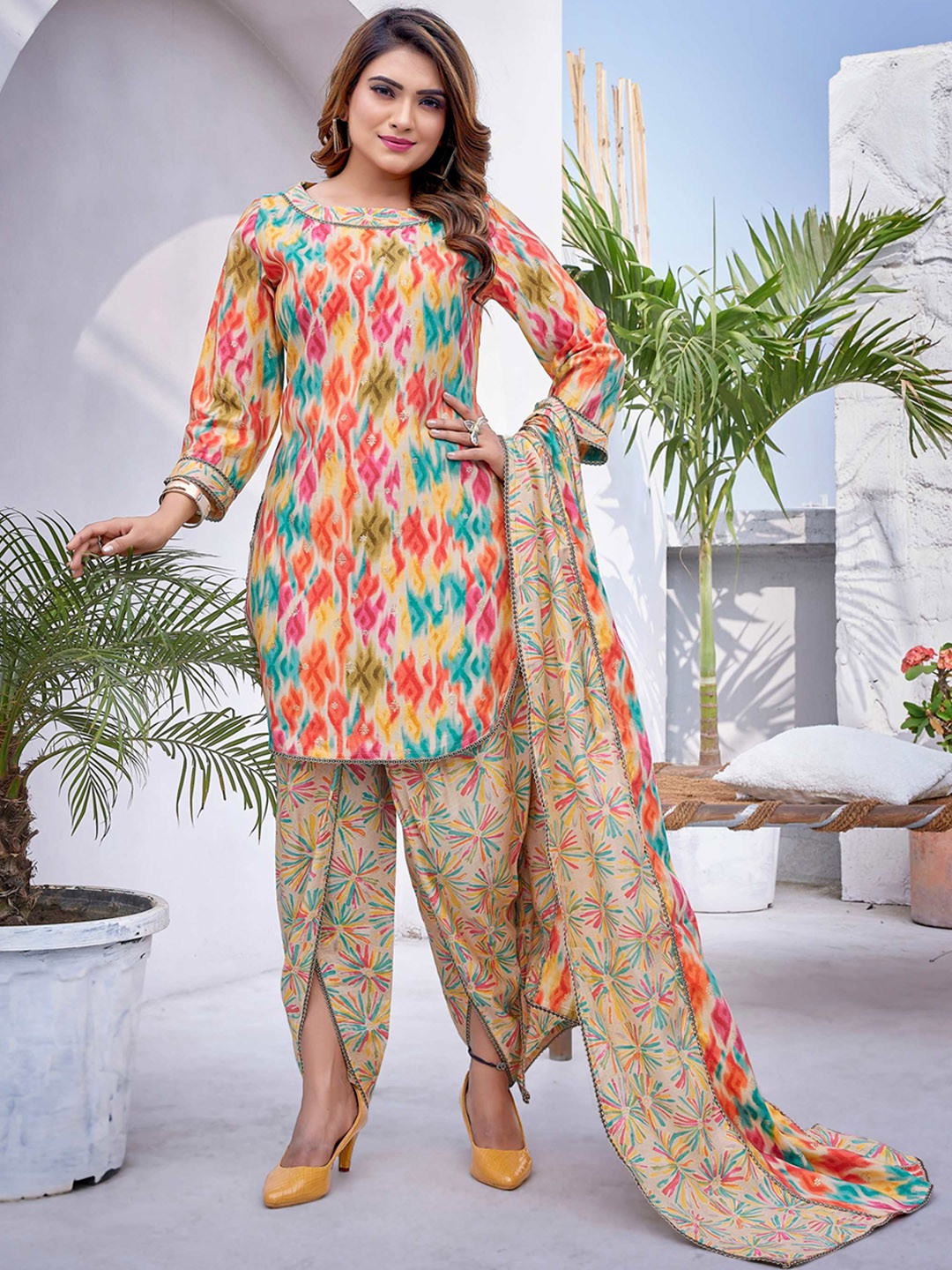 

Titanium Silk Industries Abstract Printed Regular Kurta with Dhoti Pants & Dupatta, Beige