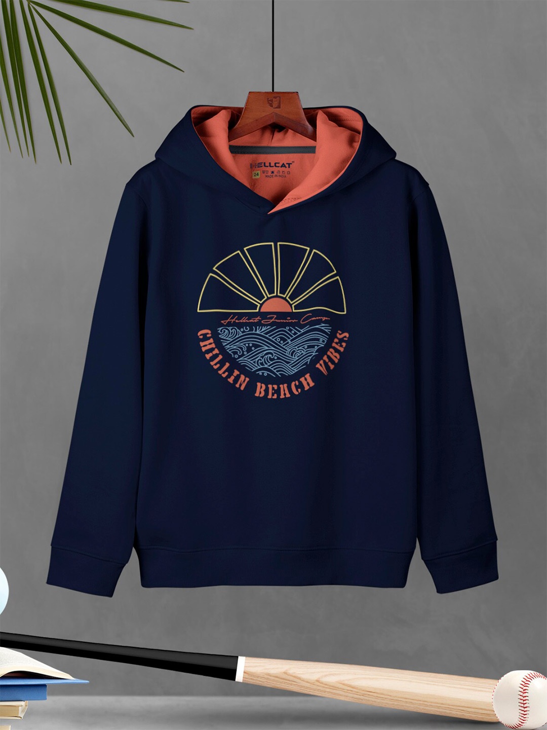 

HELLCAT Boys Typography Printed Hooded Pullover Sweatshirt, Navy blue