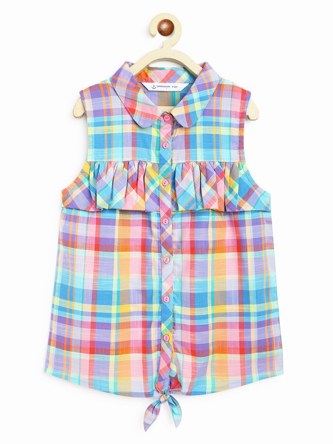 

Campana Girls Checked Ruffles Cotton Shirt Style Top, Blue