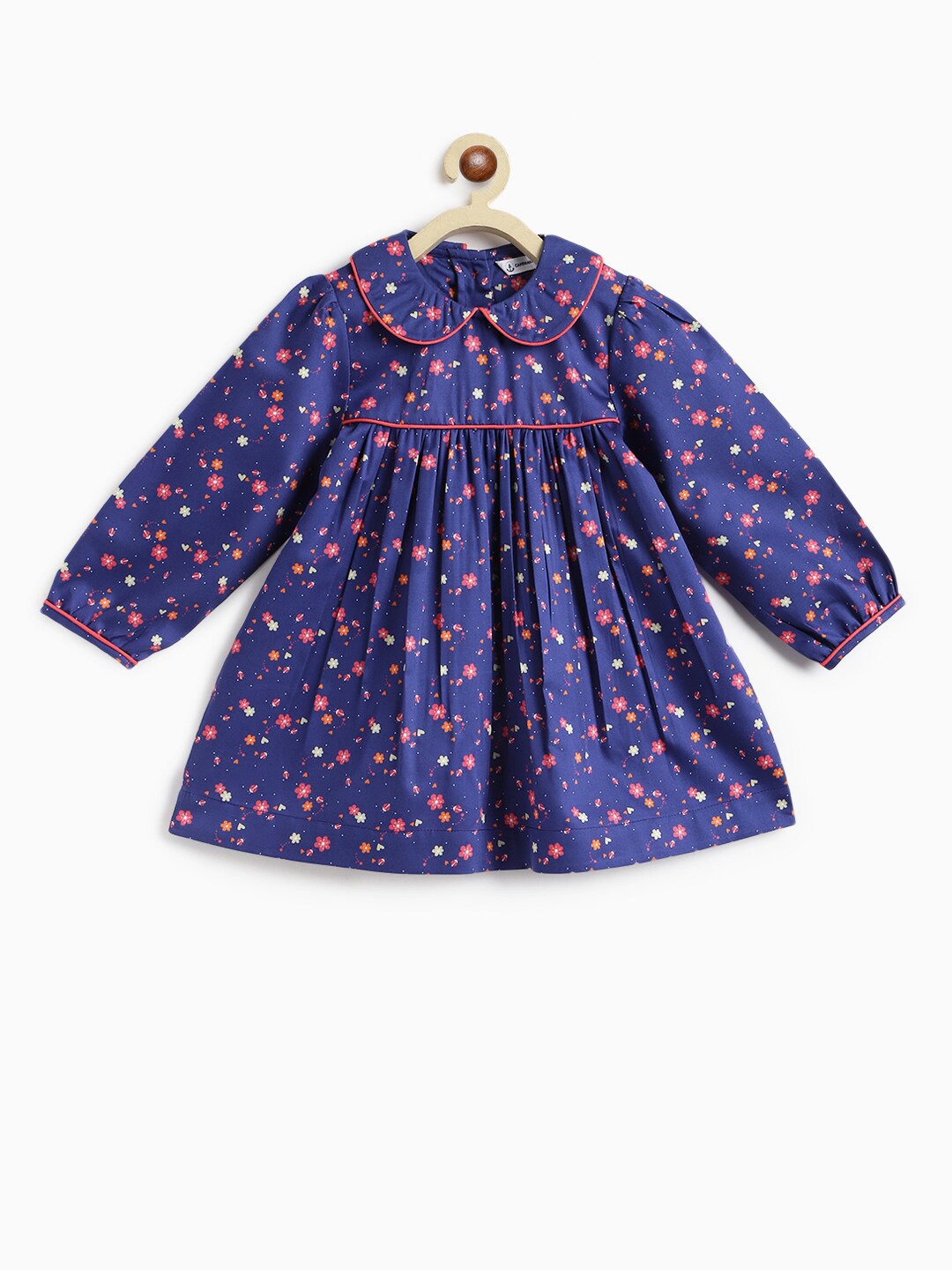 

Campana Girls Floral Printed Peter Pan Collar Puff Sleeves A-Line Dress, Navy blue