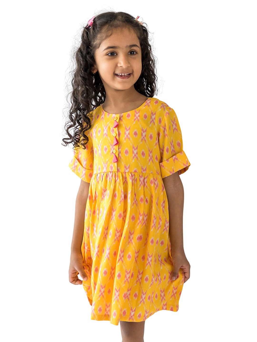 

Campana Girls Floral Printed Cotton A-Line Dress, Yellow