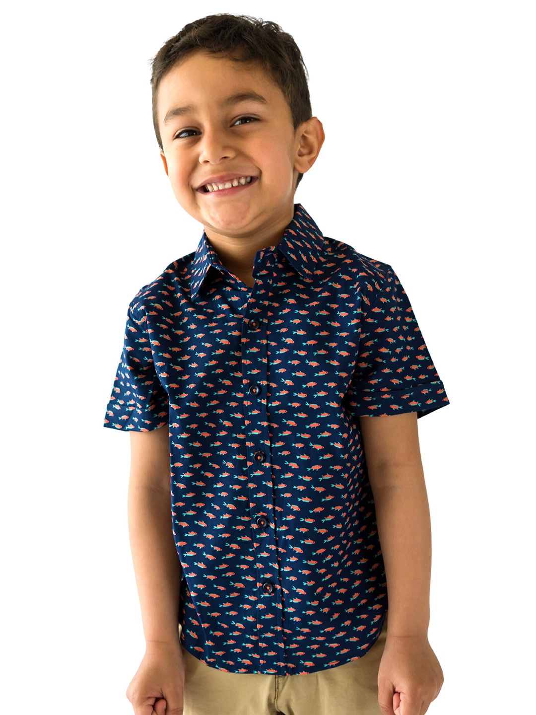 

Campana Boys Classic Printed Pure Cotton Casual Shirt, Navy blue