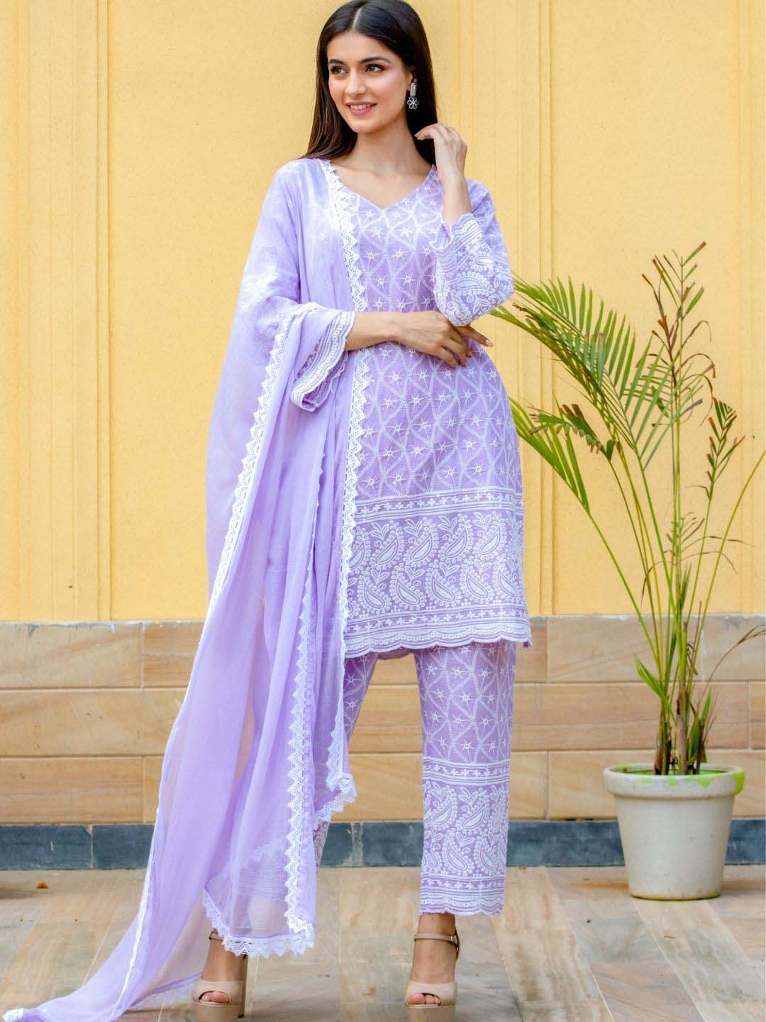 

HOUSE OF JAMOTI Women Ethnic Motifs Embroidered Regular Thread Work Pure Cotton Kurta with Trousers & With, Lavender