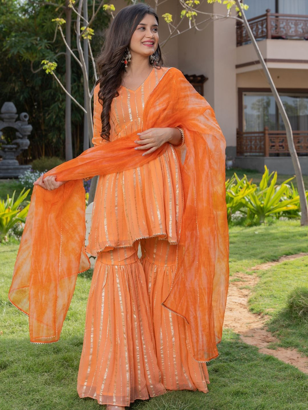 

HOUSE OF JAMOTI Women Striped Empire Kurta with Sharara & With Dupatta, Peach