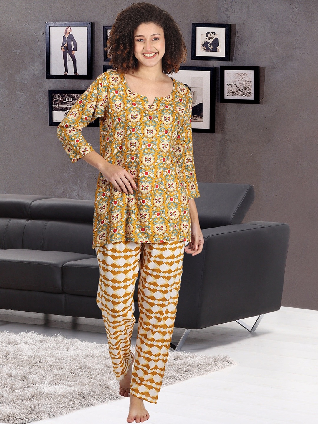 

Noty Ethnic Motifs Printed Pure Cotton Night suit, Mustard