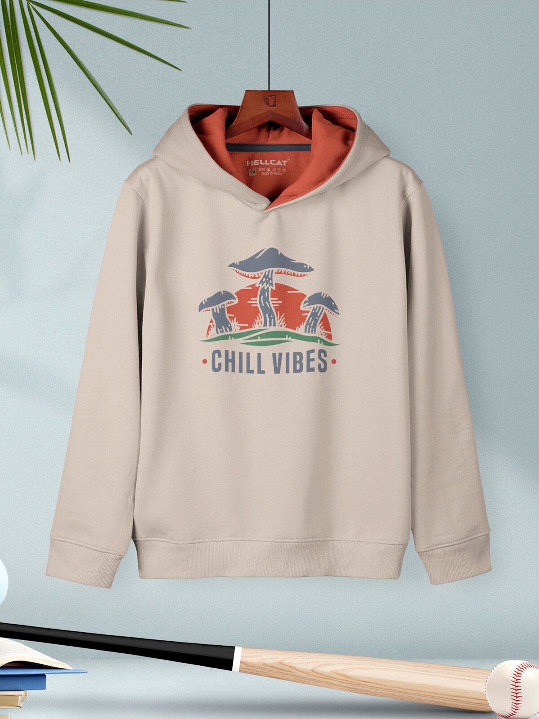 

HELLCAT Boys Graphic Printed Hooded Cotton Pullover Sweatshirt, Beige